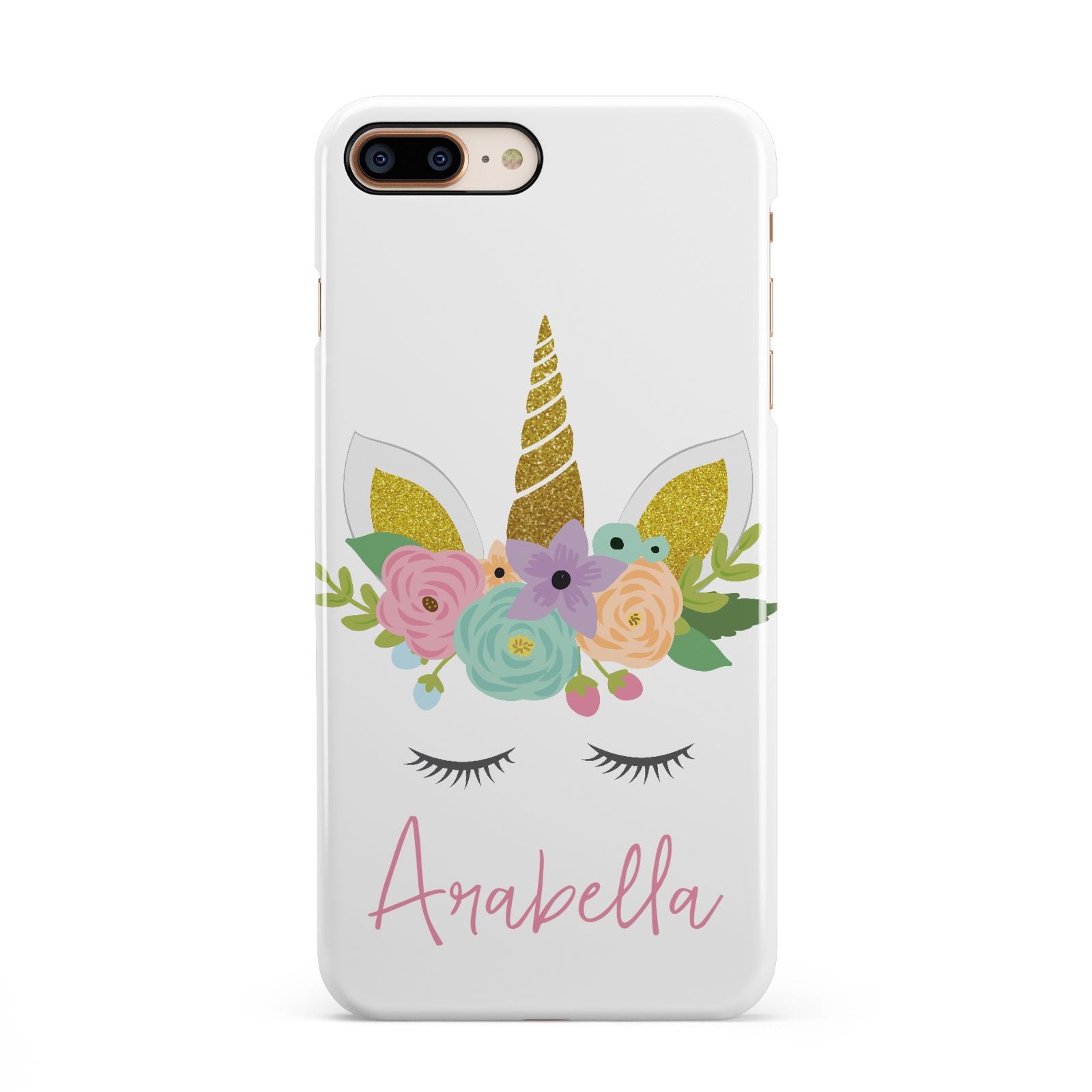Personalised Unicorn Face iPhone 8 Plus 3D Snap Case on Gold Phone