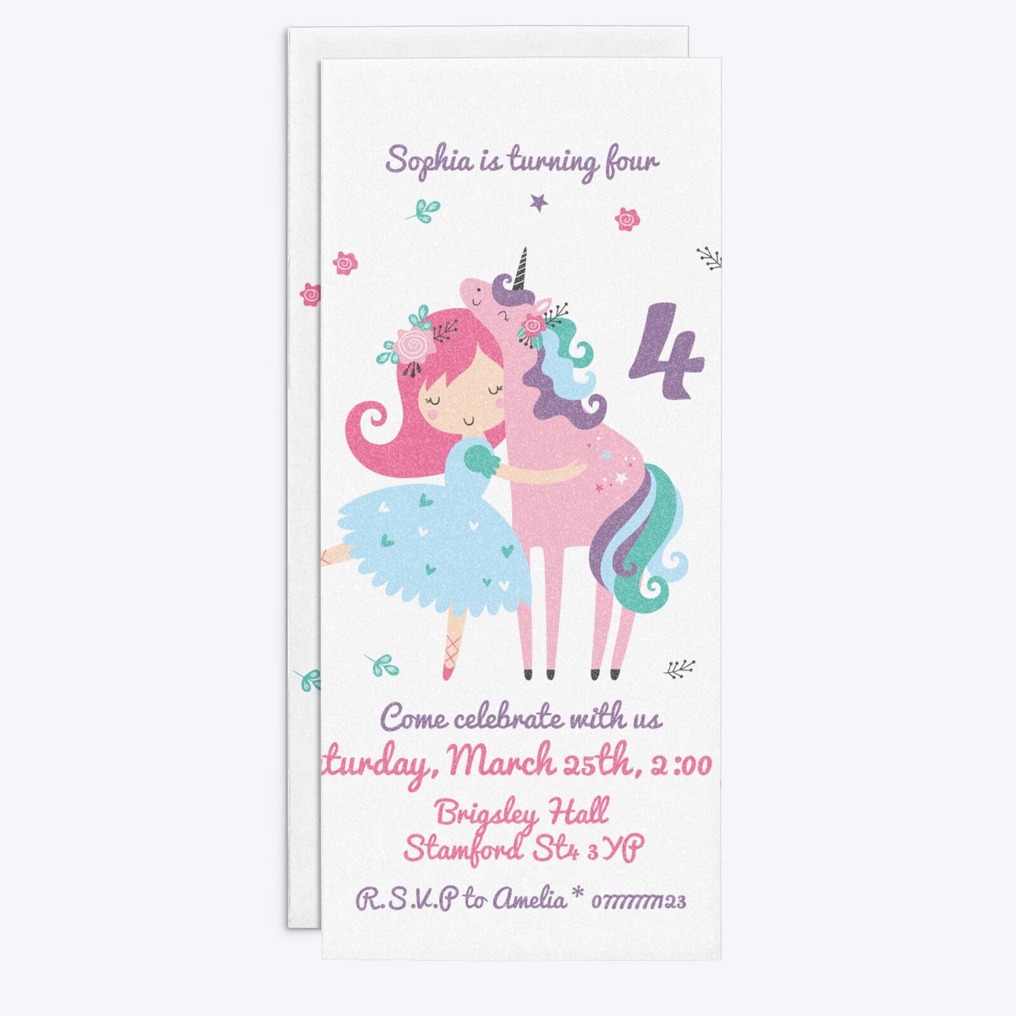 Personalised Unicorn Happy Birthday 4x9 Rectangle Invitation Glitter Front and Back Image