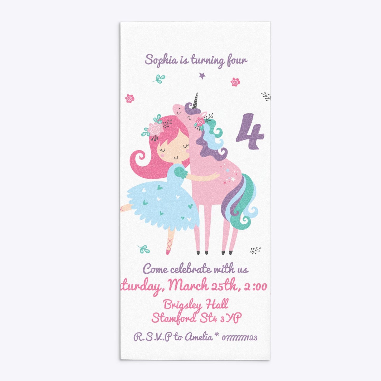 Personalised Unicorn Happy Birthday 4x9 Rectangle Invitation Glitter