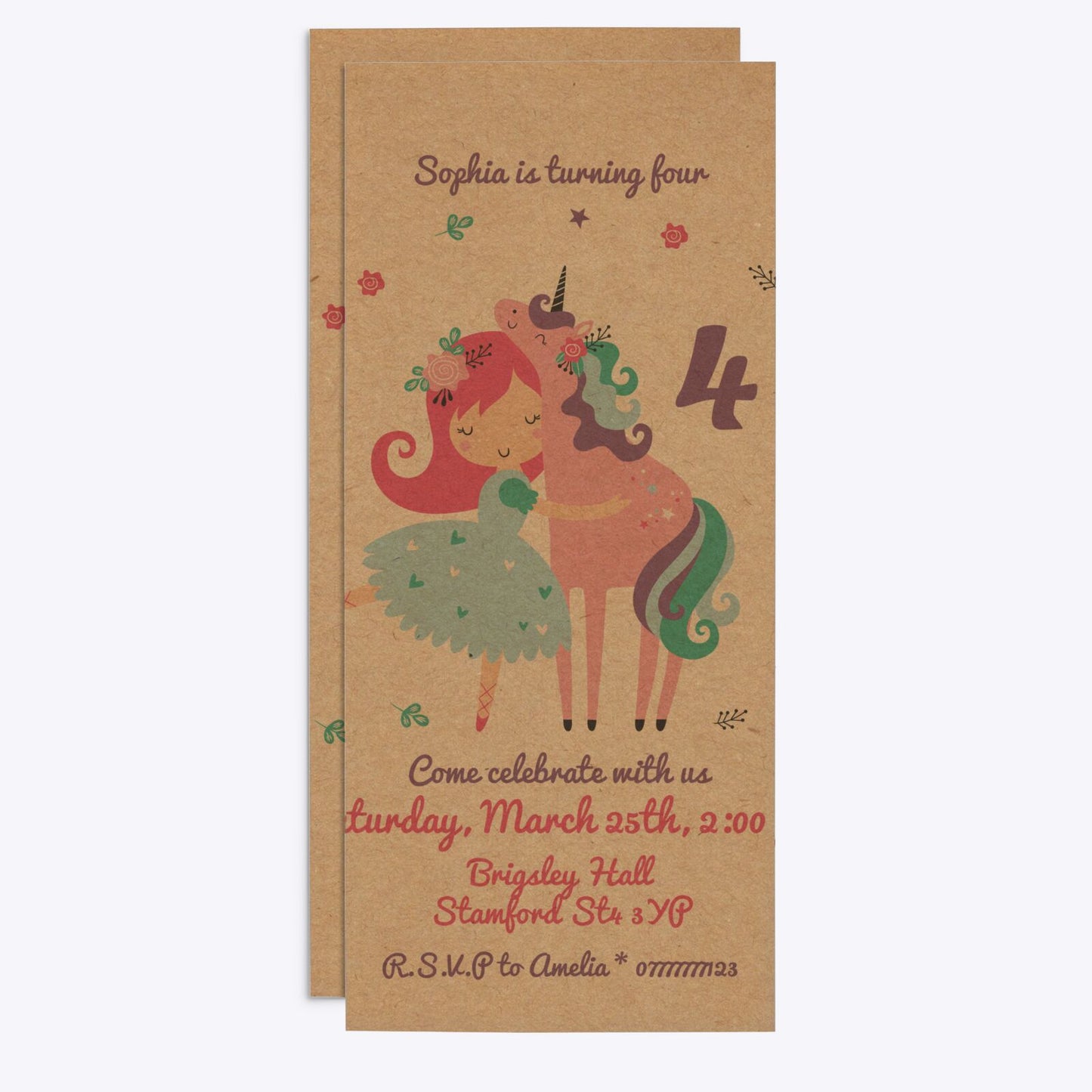 Personalised Unicorn Happy Birthday 4x9 Rectangle Invitation Kraft Front and Back Image