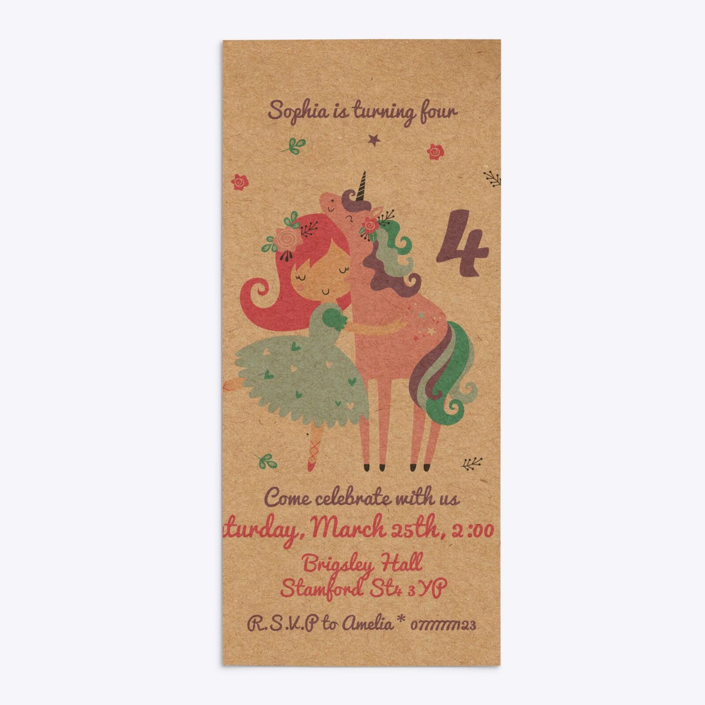 Personalised Unicorn Happy Birthday 4x9 Rectangle Invitation Kraft