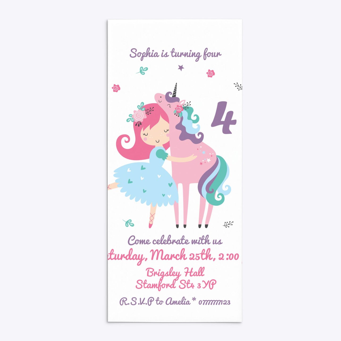 Personalised Unicorn Happy Birthday 4x9 Rectangle Invitation Matte Paper