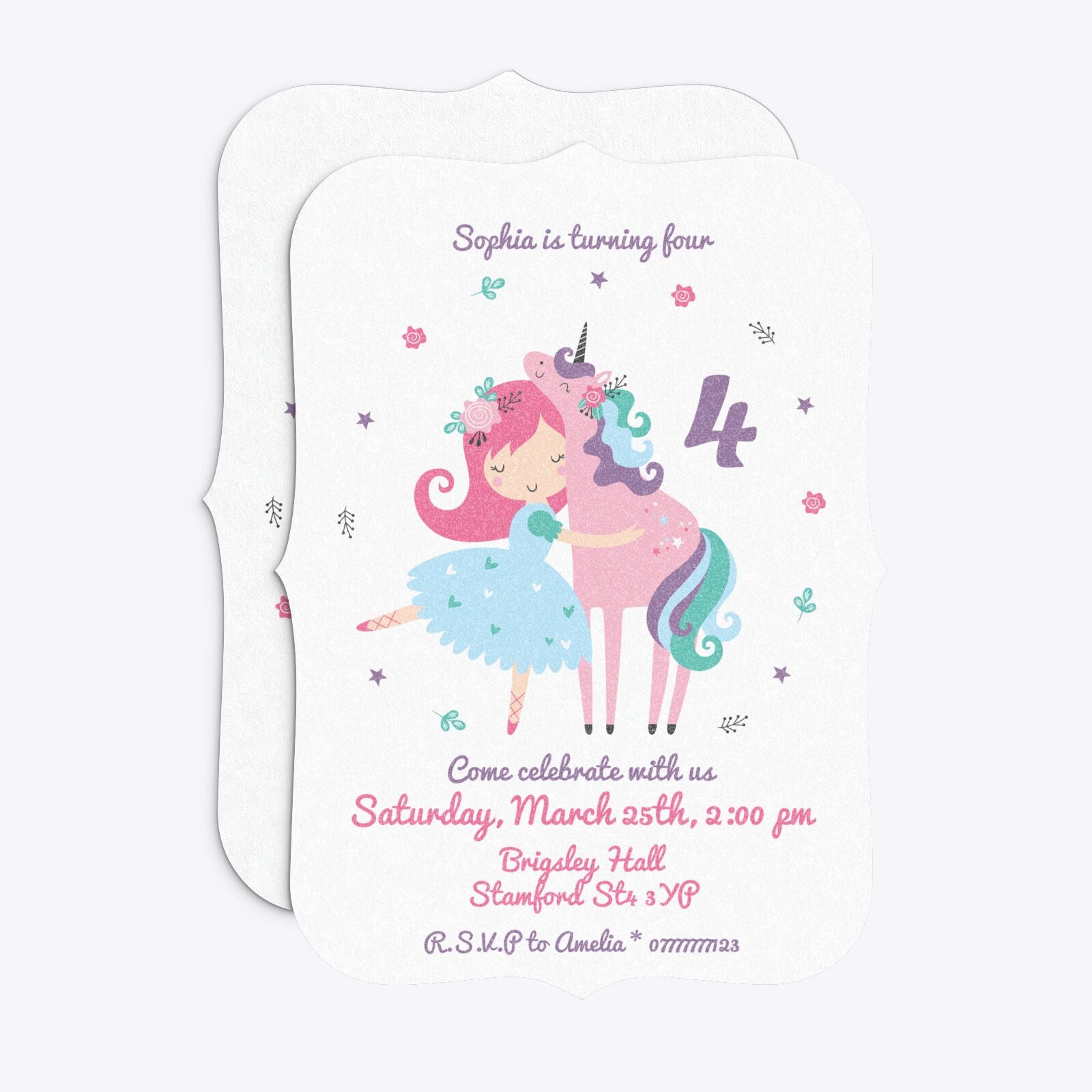 Personalised Unicorn Happy Birthday Bracket Invitation Glitter Front and Back Image