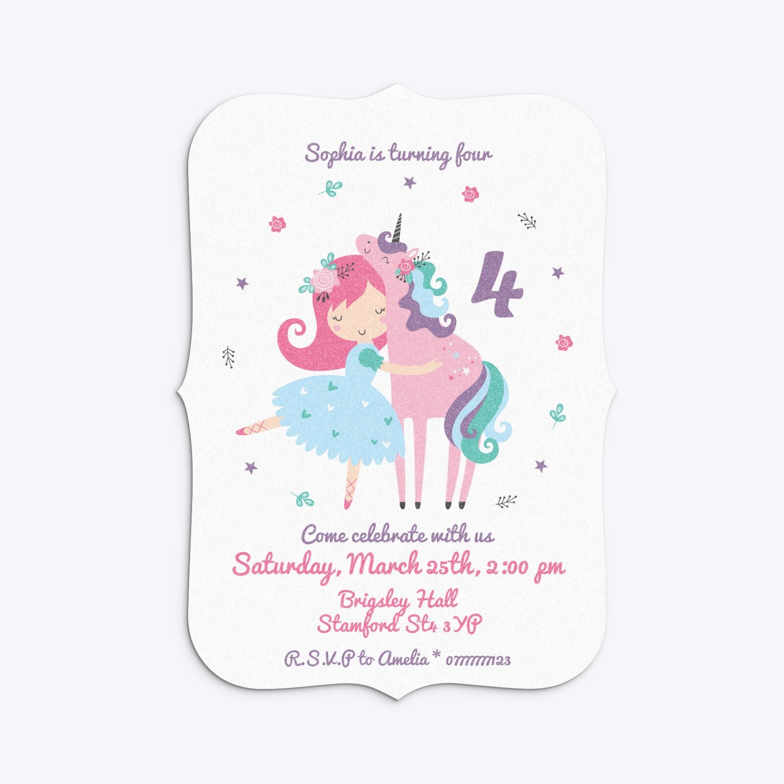 Personalised Unicorn Happy Birthday Bracket Invitation Glitter