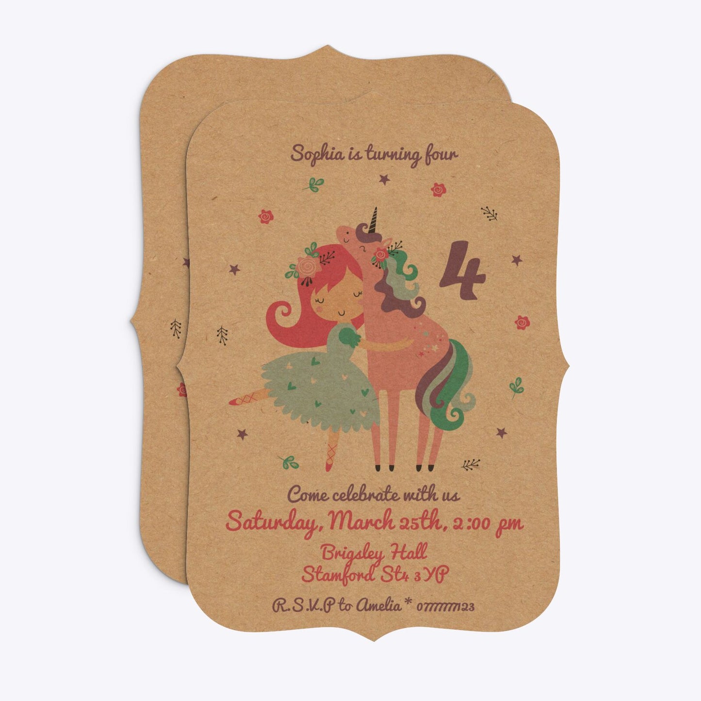 Personalised Unicorn Happy Birthday Bracket Invitation Kraft Front and Back Image