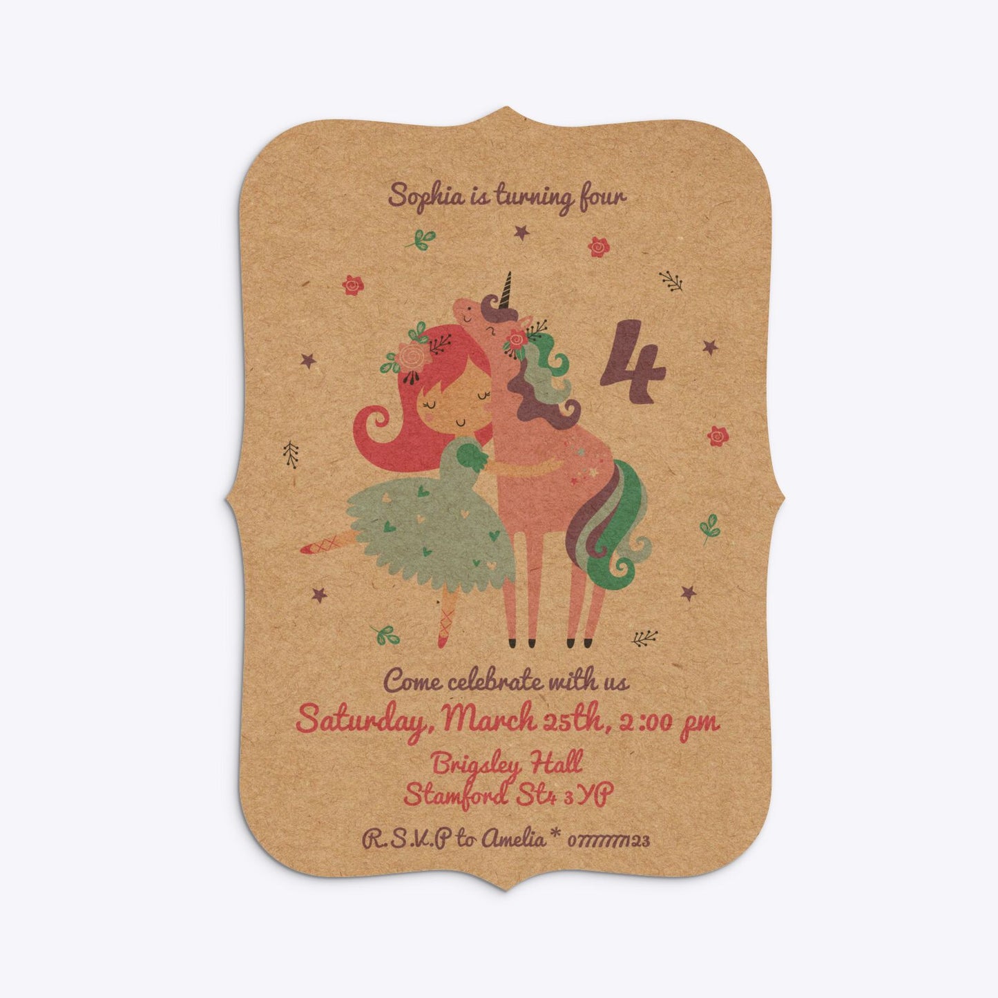 Personalised Unicorn Happy Birthday Bracket Invitation Kraft