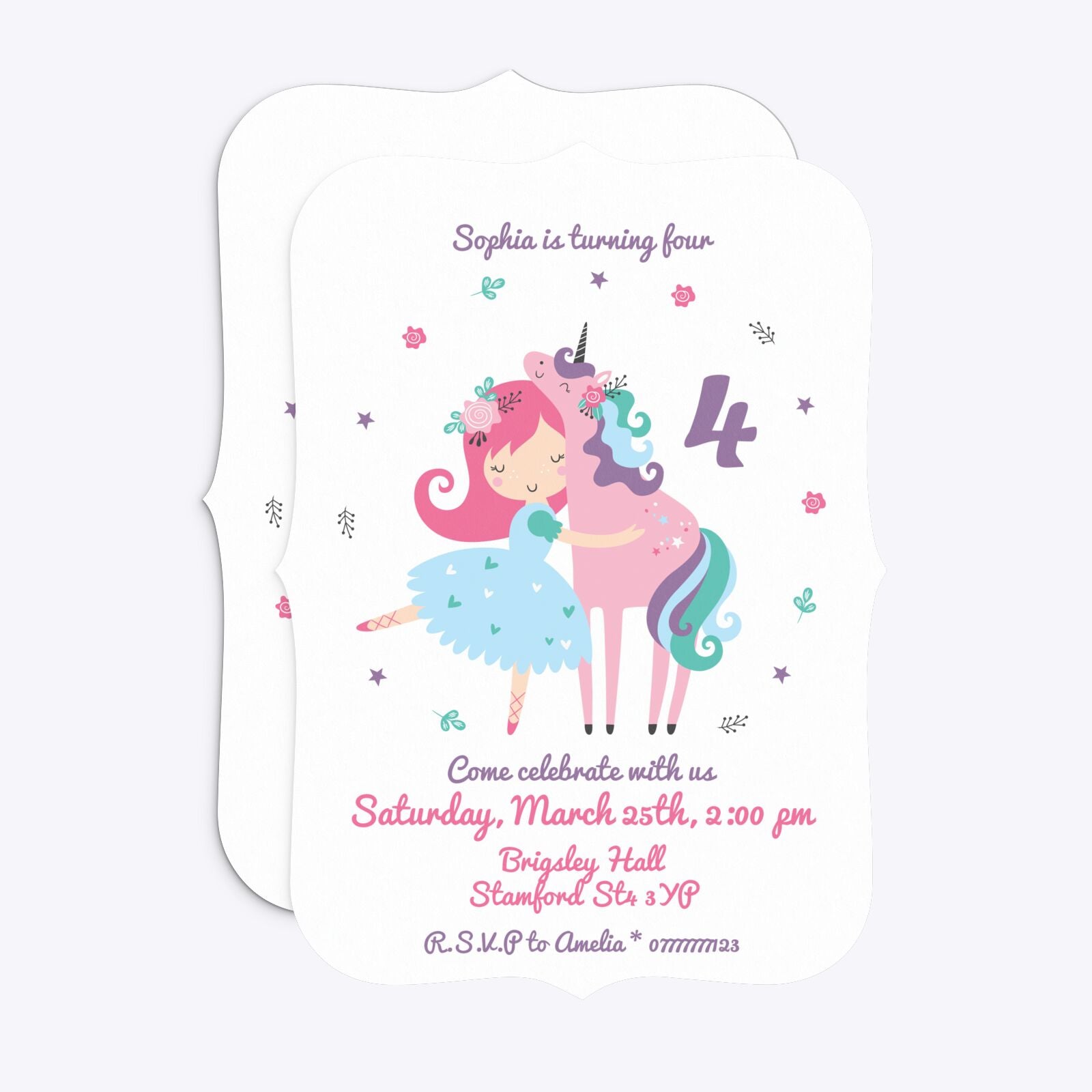 Personalised Unicorn Happy Birthday Bracket Invitation Matte Paper Front and Back Image