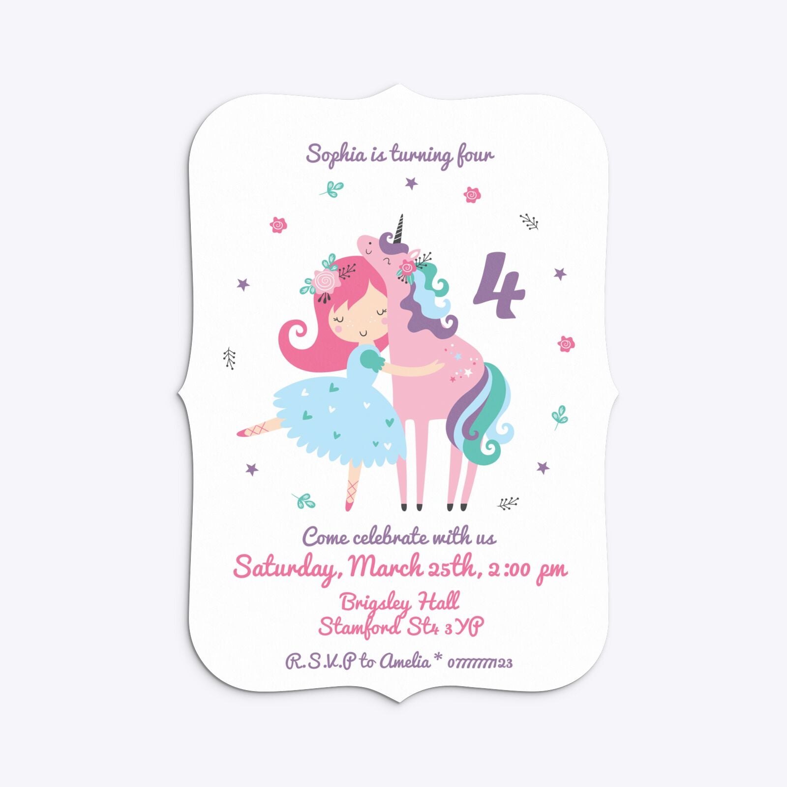 Personalised Unicorn Happy Birthday Bracket Invitation Matte Paper