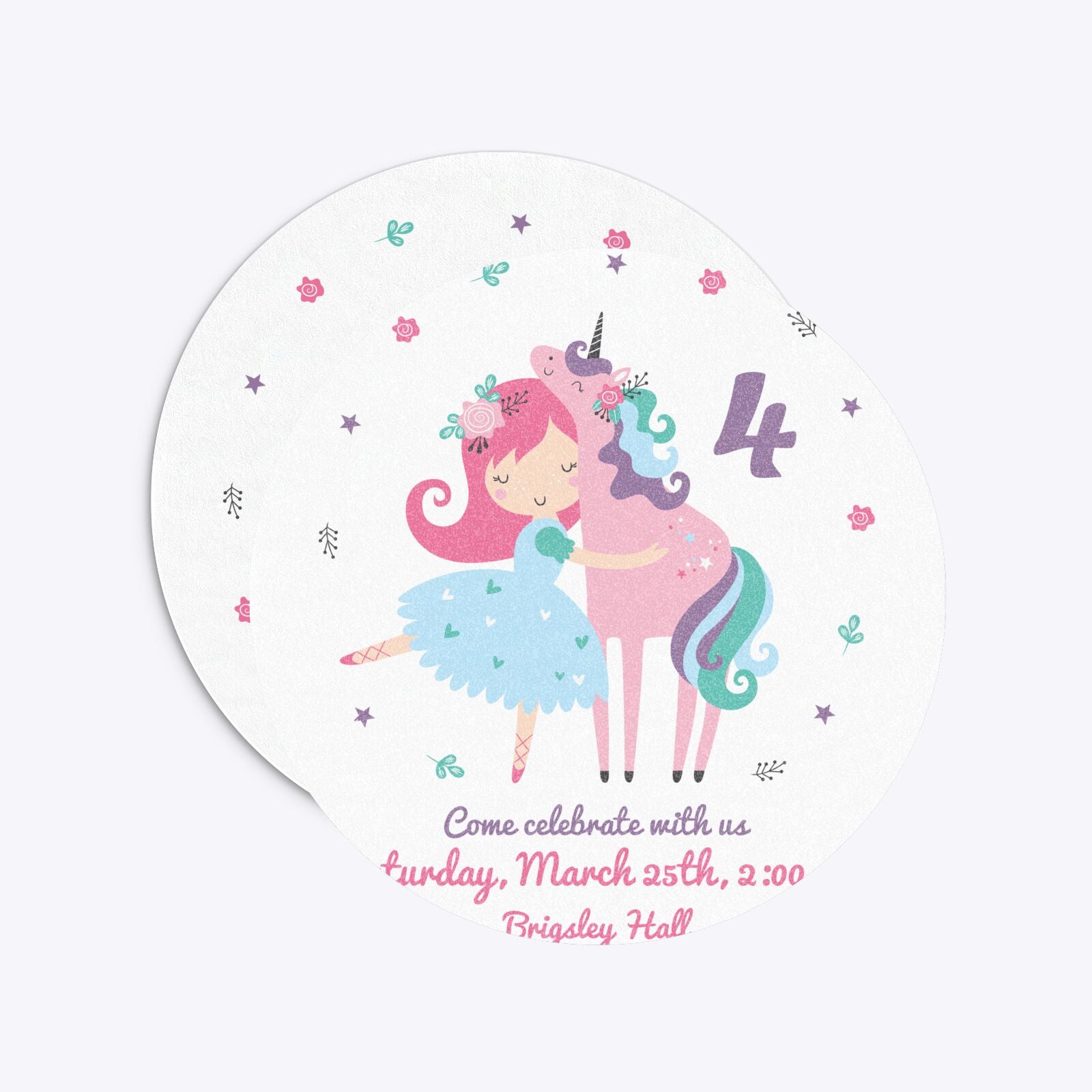 Personalised Unicorn Happy Birthday Circle 5 25x5 25 Invitation Glitter Front and Back Image