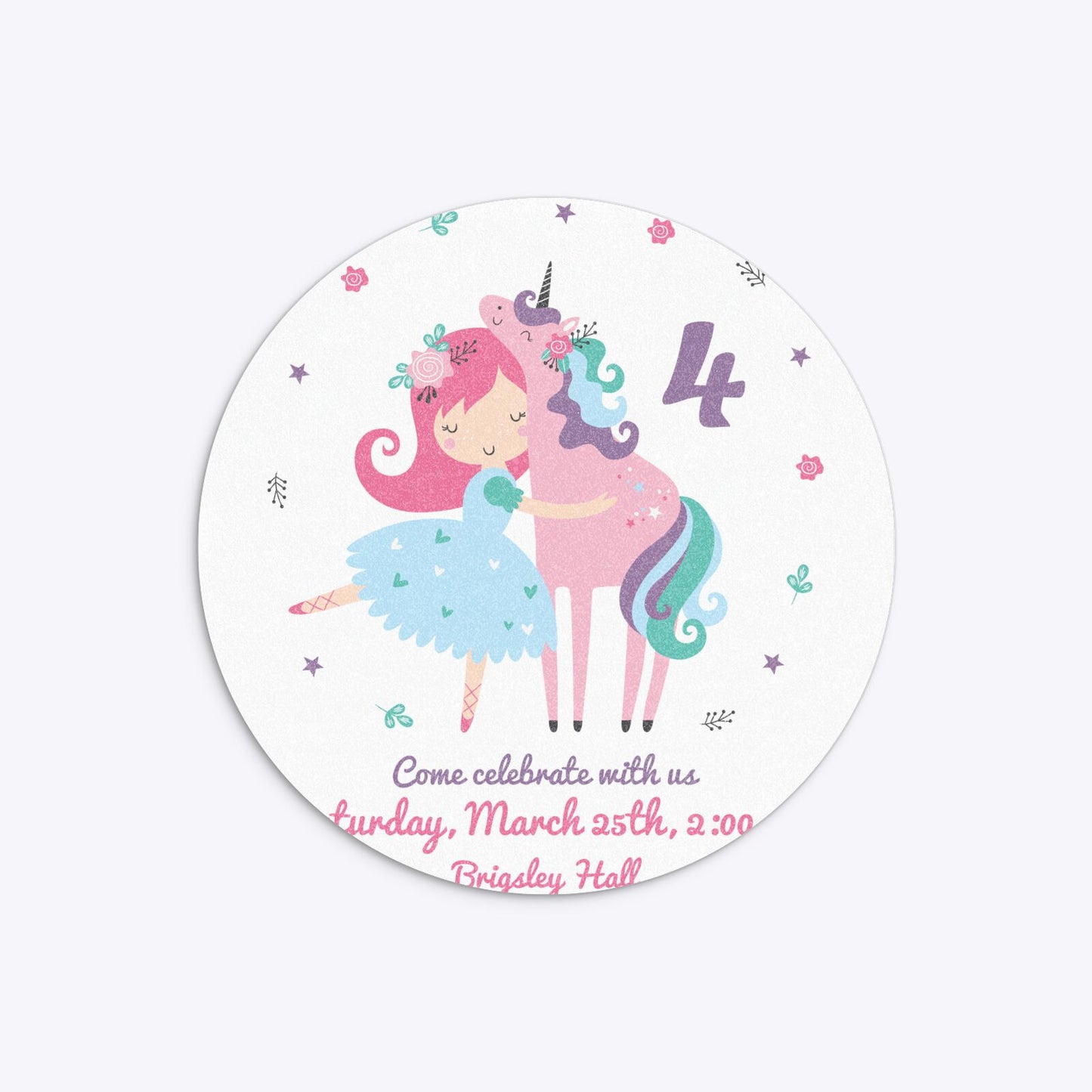Personalised Unicorn Happy Birthday Circle 5 25x5 25 Invitation Glitter