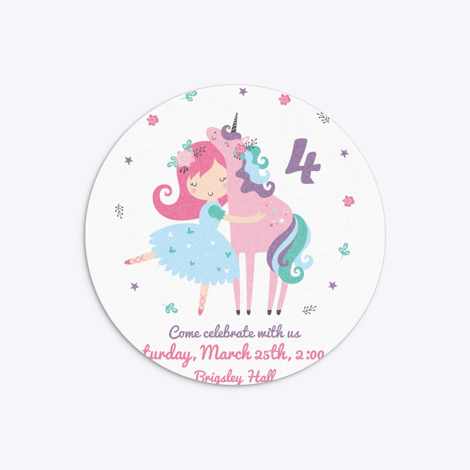 Personalised Unicorn Happy Birthday Circle 5 25x5 25 Invitation Glitter