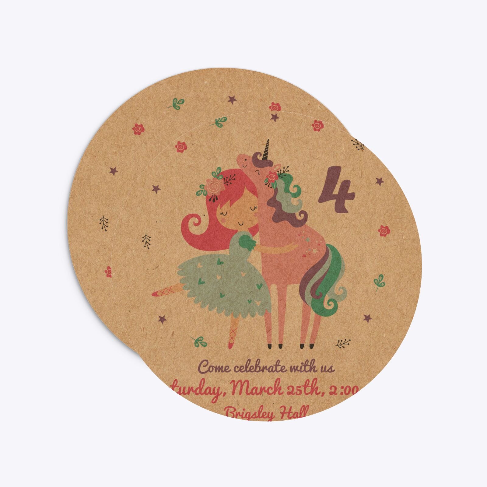 Personalised Unicorn Happy Birthday Circle 5 25x5 25 Invitation Kraft Front and Back Image