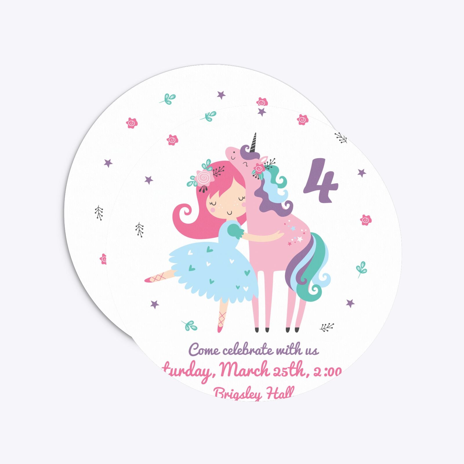 Personalised Unicorn Happy Birthday Circle 5 25x5 25 Invitation Matte Paper Front and Back Image