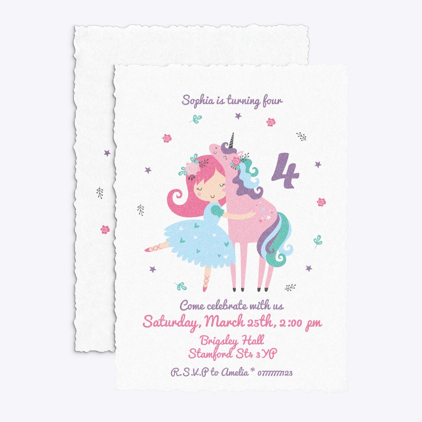 Personalised Unicorn Happy Birthday Deckle Invitation Glitter Front and Back Image