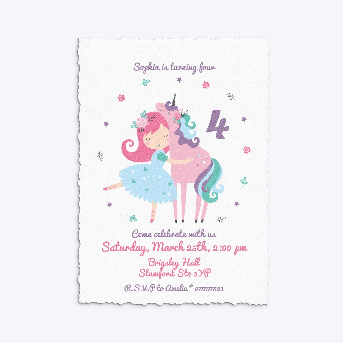 Personalised Unicorn Happy Birthday Deckle Invitation Glitter