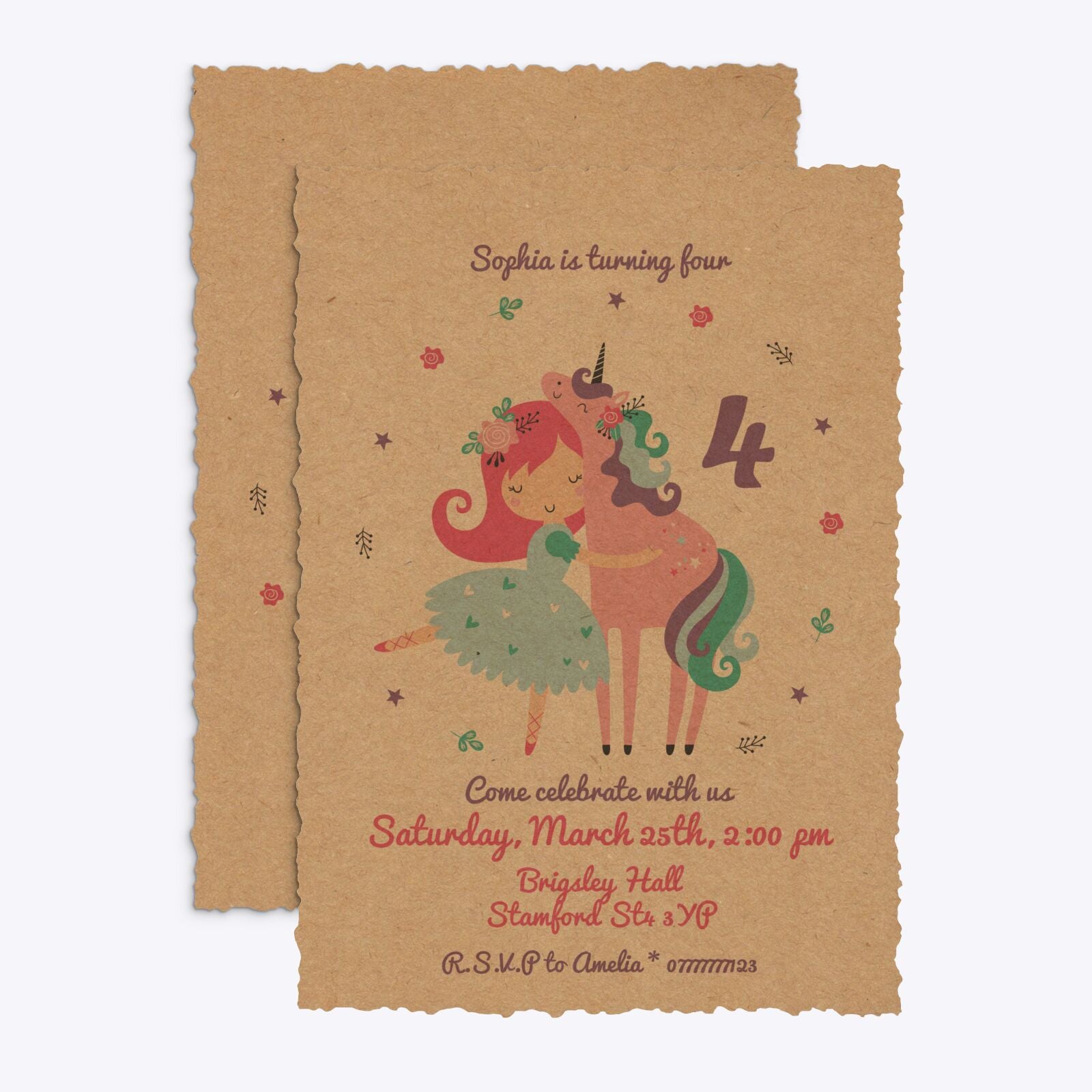 Personalised Unicorn Happy Birthday Deckle Invitation Kraft Front and Back Image