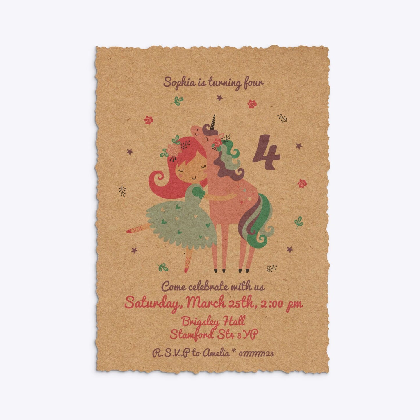 Personalised Unicorn Happy Birthday Deckle Invitation Kraft