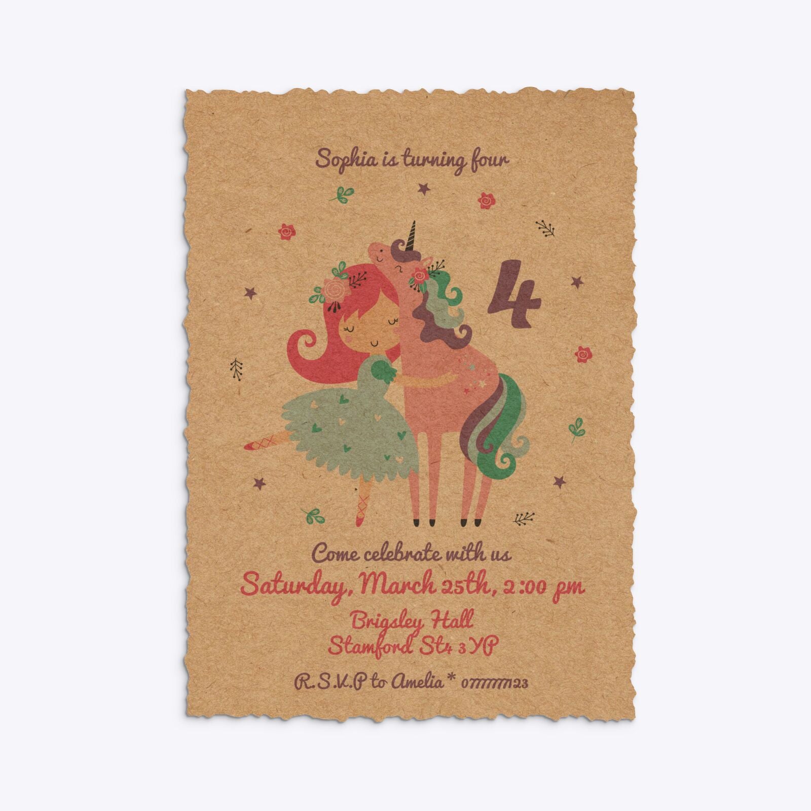 Personalised Unicorn Happy Birthday Deckle Invitation Kraft