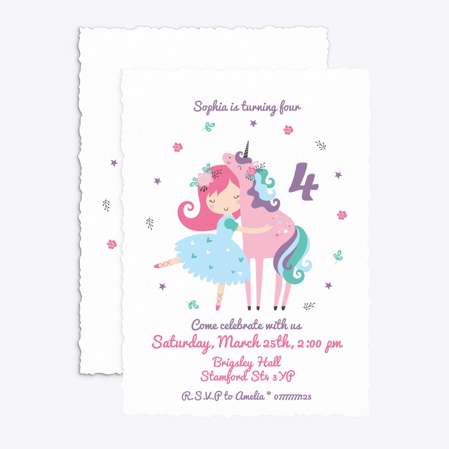 Personalised Unicorn Happy Birthday Deckle Invitation Matte Paper Front and Back Image