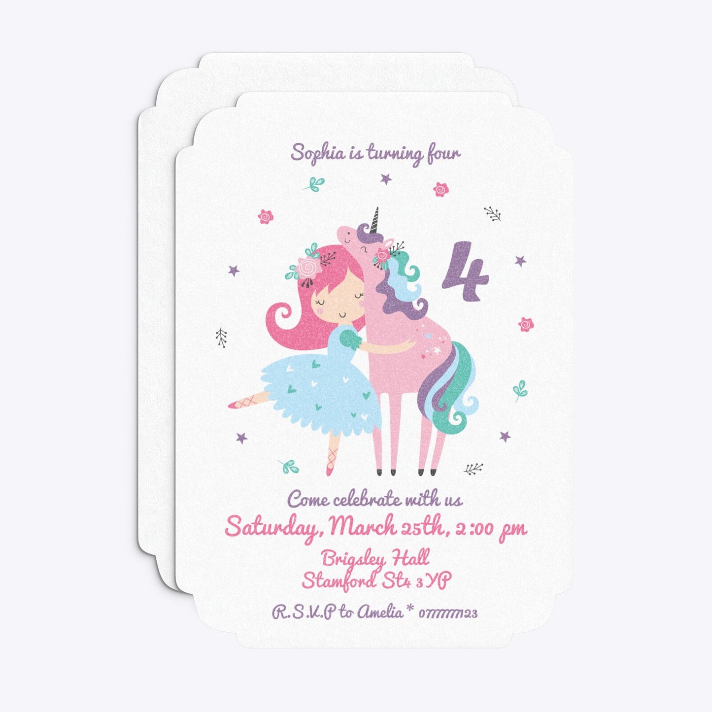 Personalised Unicorn Happy Birthday Deco Invitation Glitter Front and Back Image