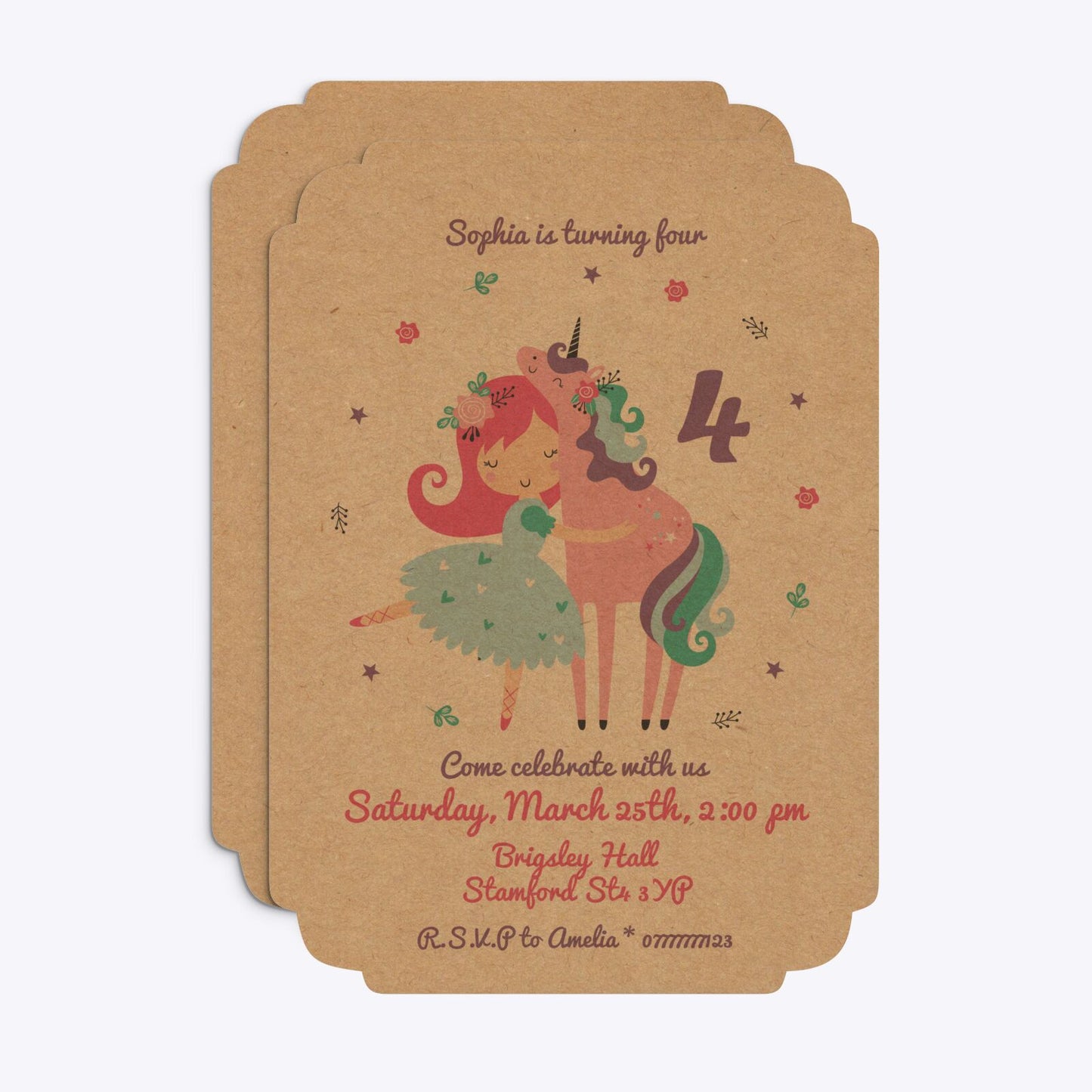 Personalised Unicorn Happy Birthday Deco Invitation Kraft Front and Back Image