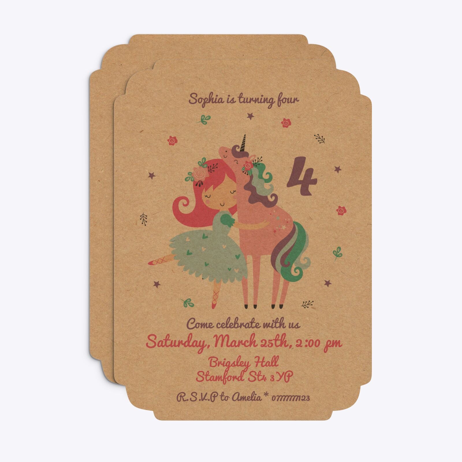 Personalised Unicorn Happy Birthday Deco Invitation Kraft Front and Back Image
