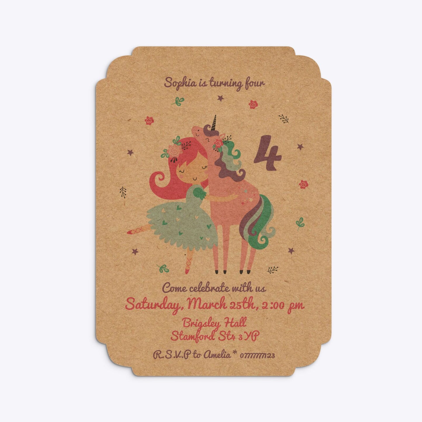 Personalised Unicorn Happy Birthday Deco Invitation Kraft