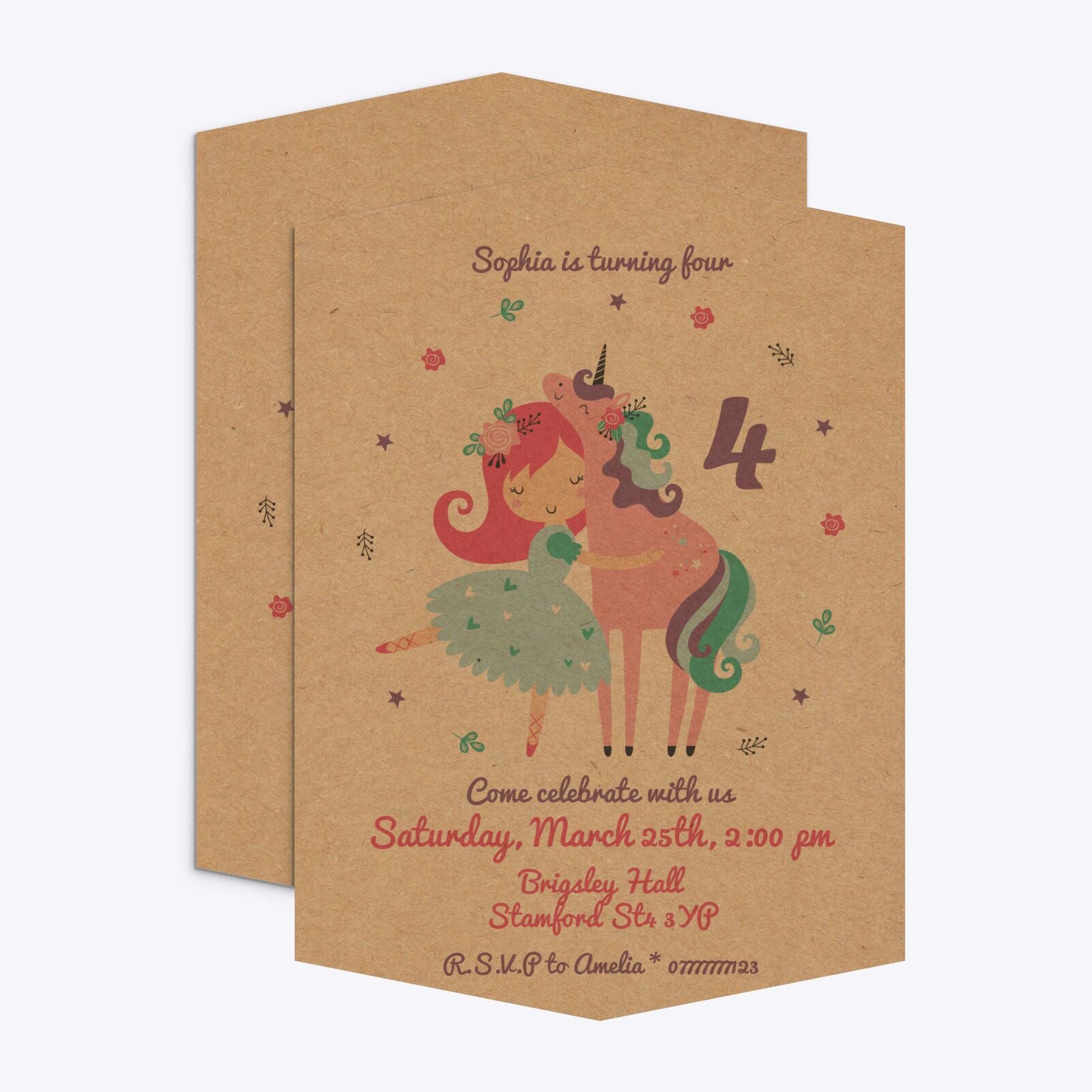 Personalised Unicorn Happy Birthday Geo Invitation Kraft Front and Back Image
