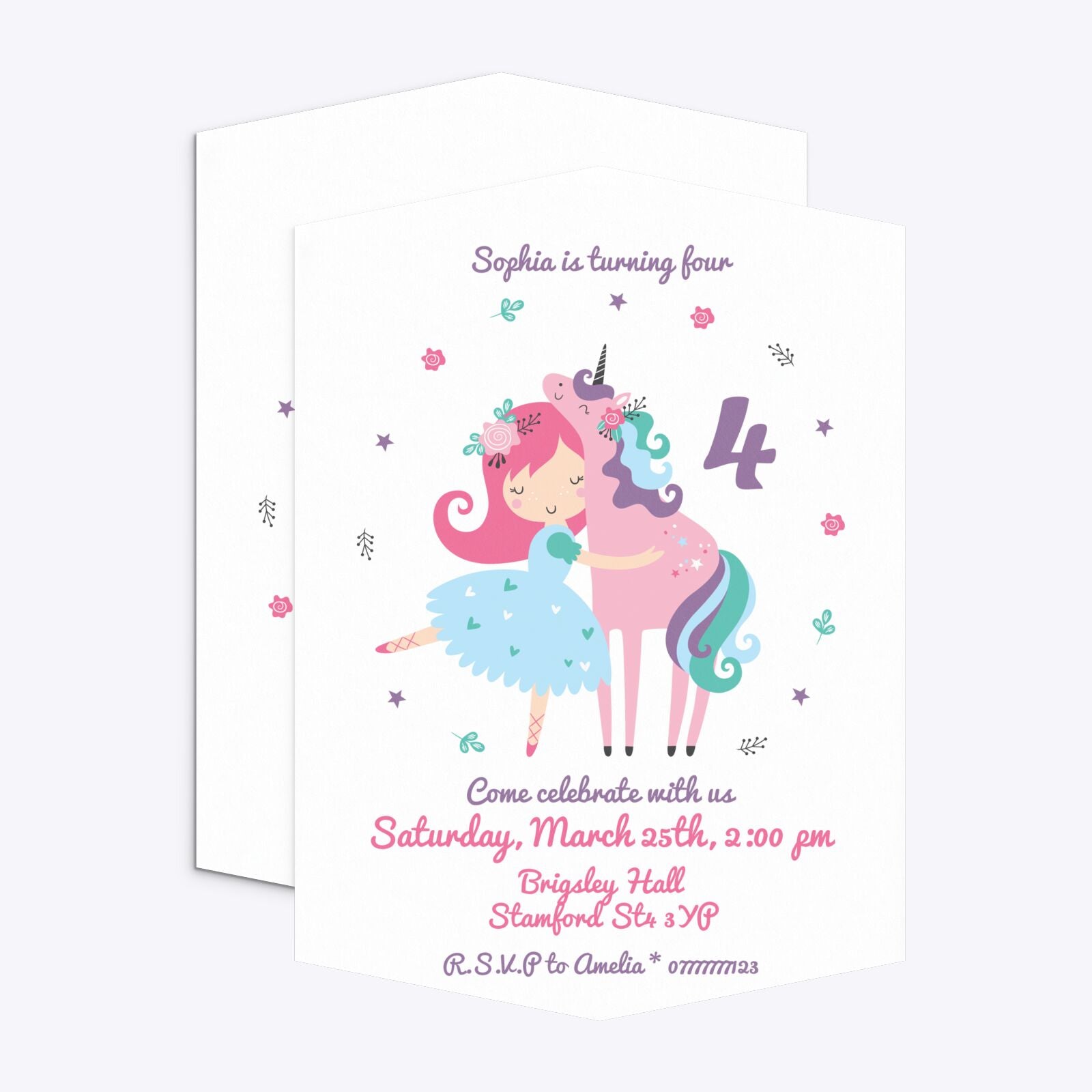 Personalised Unicorn Happy Birthday Geo Invitation Matte Paper Front and Back Image