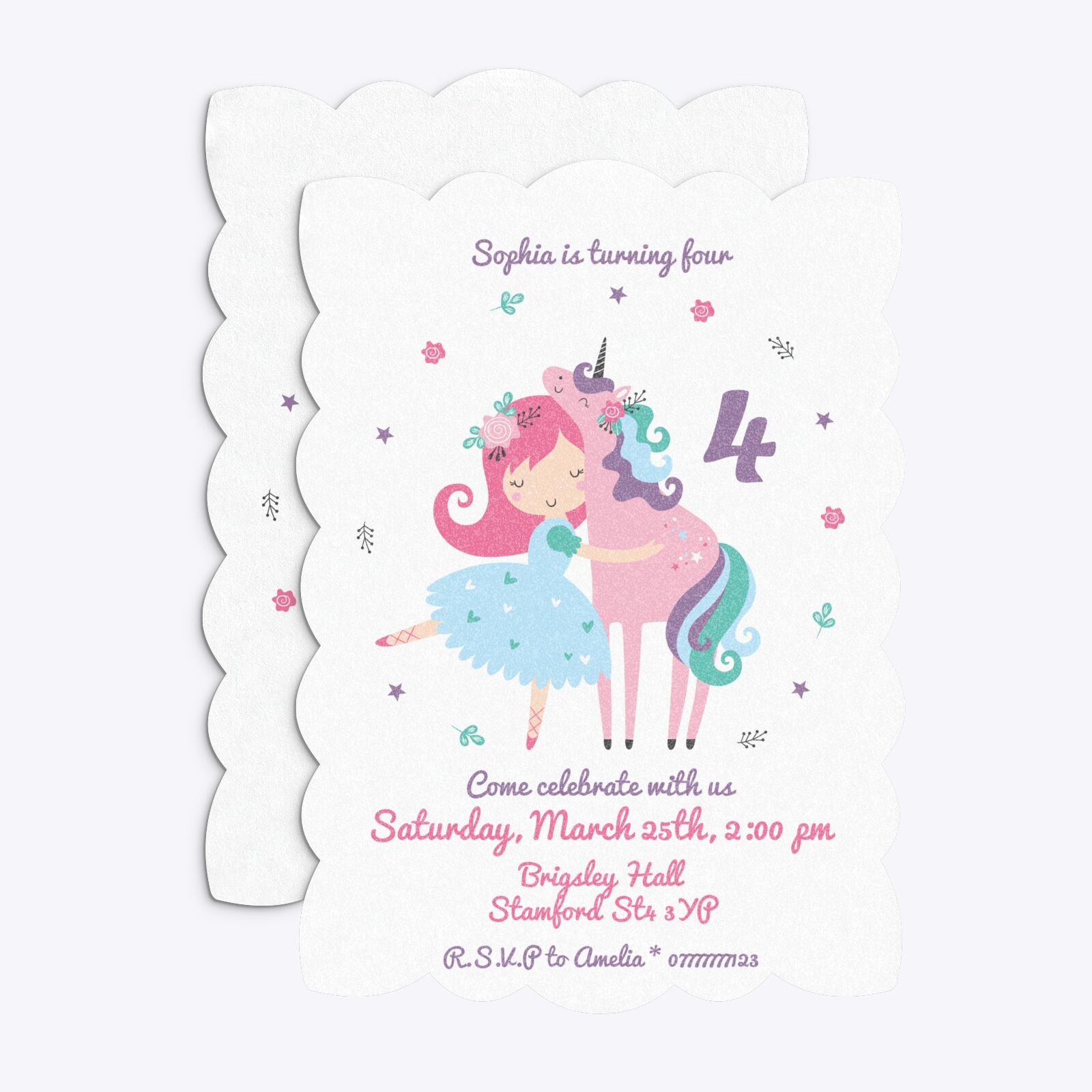 Personalised Unicorn Happy Birthday Petal Invitation Glitter Front and Back Image
