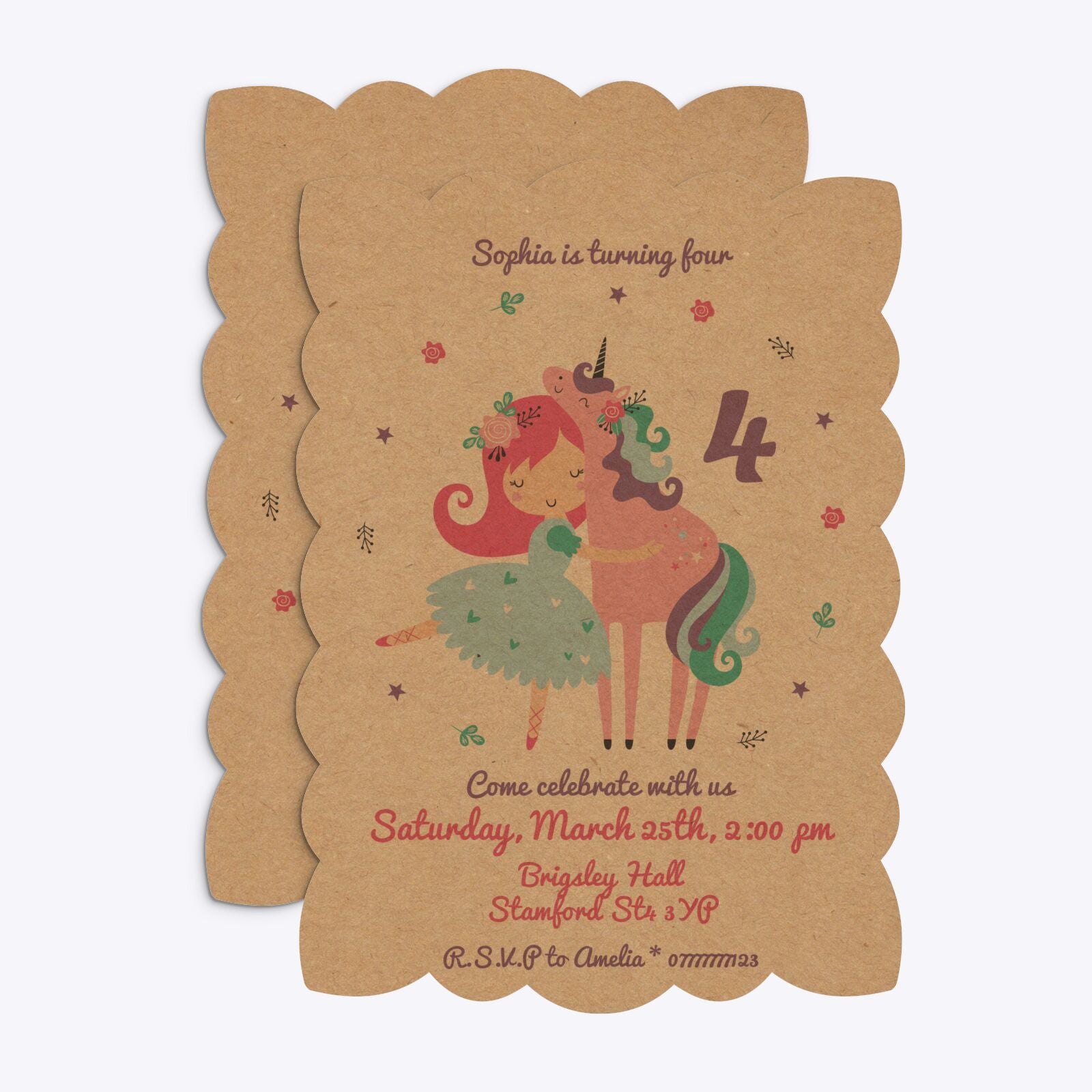 Personalised Unicorn Happy Birthday Petal Invitation Kraft Front and Back Image