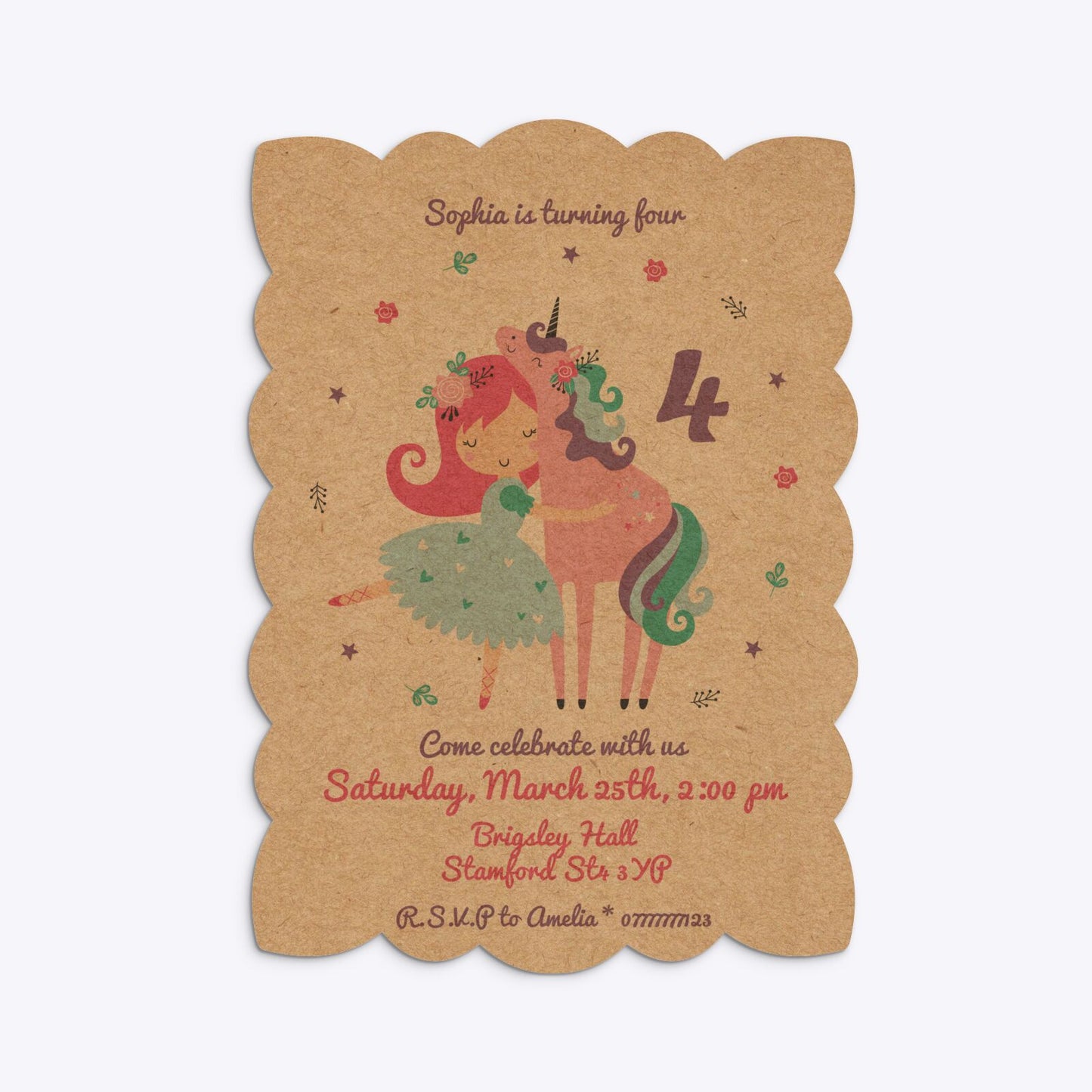 Personalised Unicorn Happy Birthday Petal Invitation Kraft