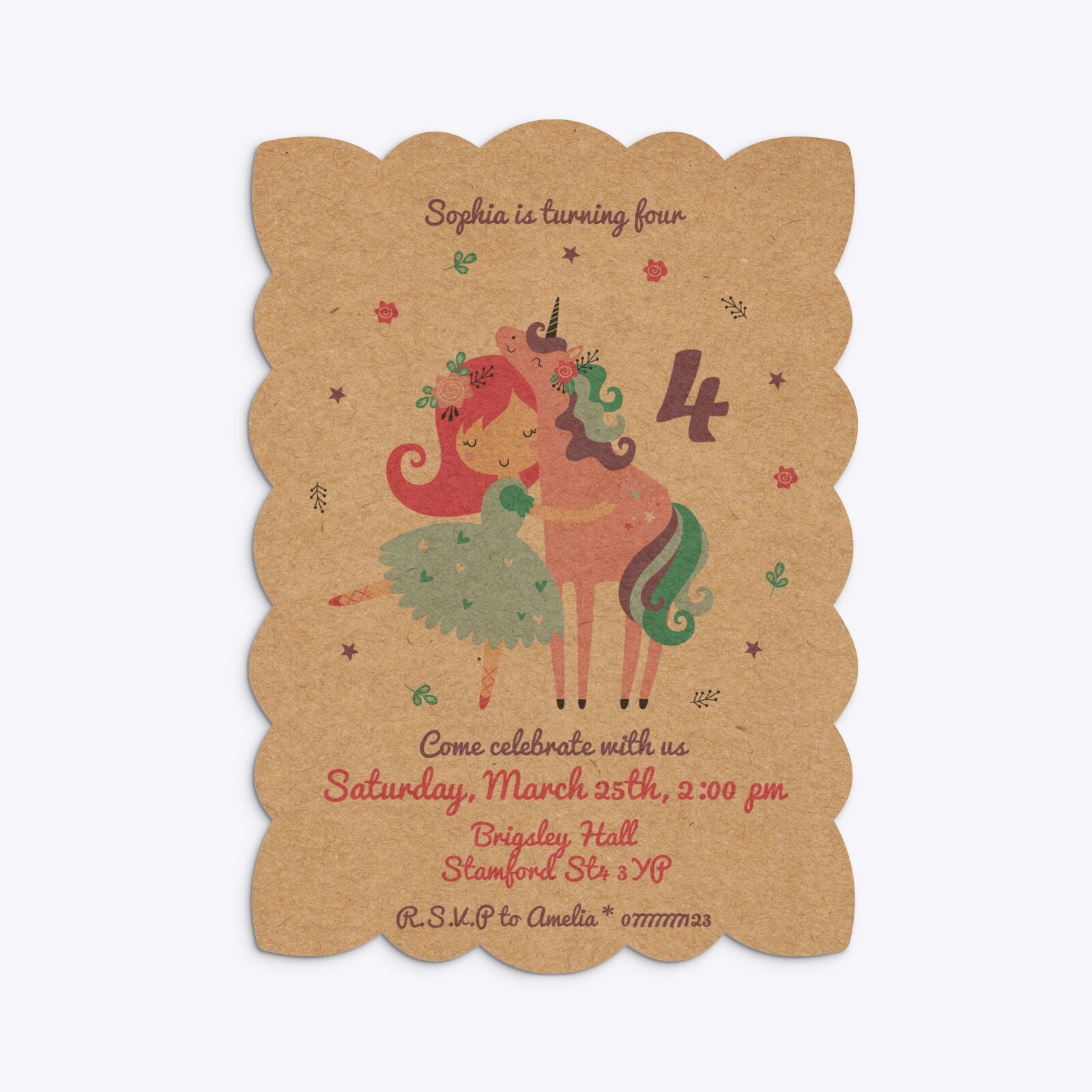 Personalised Unicorn Happy Birthday Petal Invitation Kraft