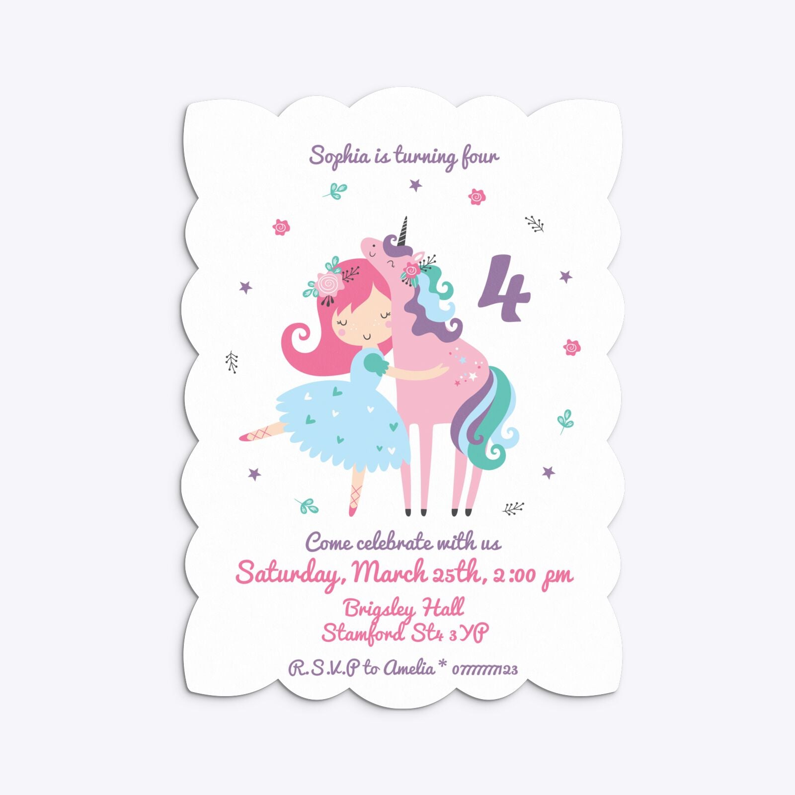 Personalised Unicorn Happy Birthday Petal Invitation Matte Paper