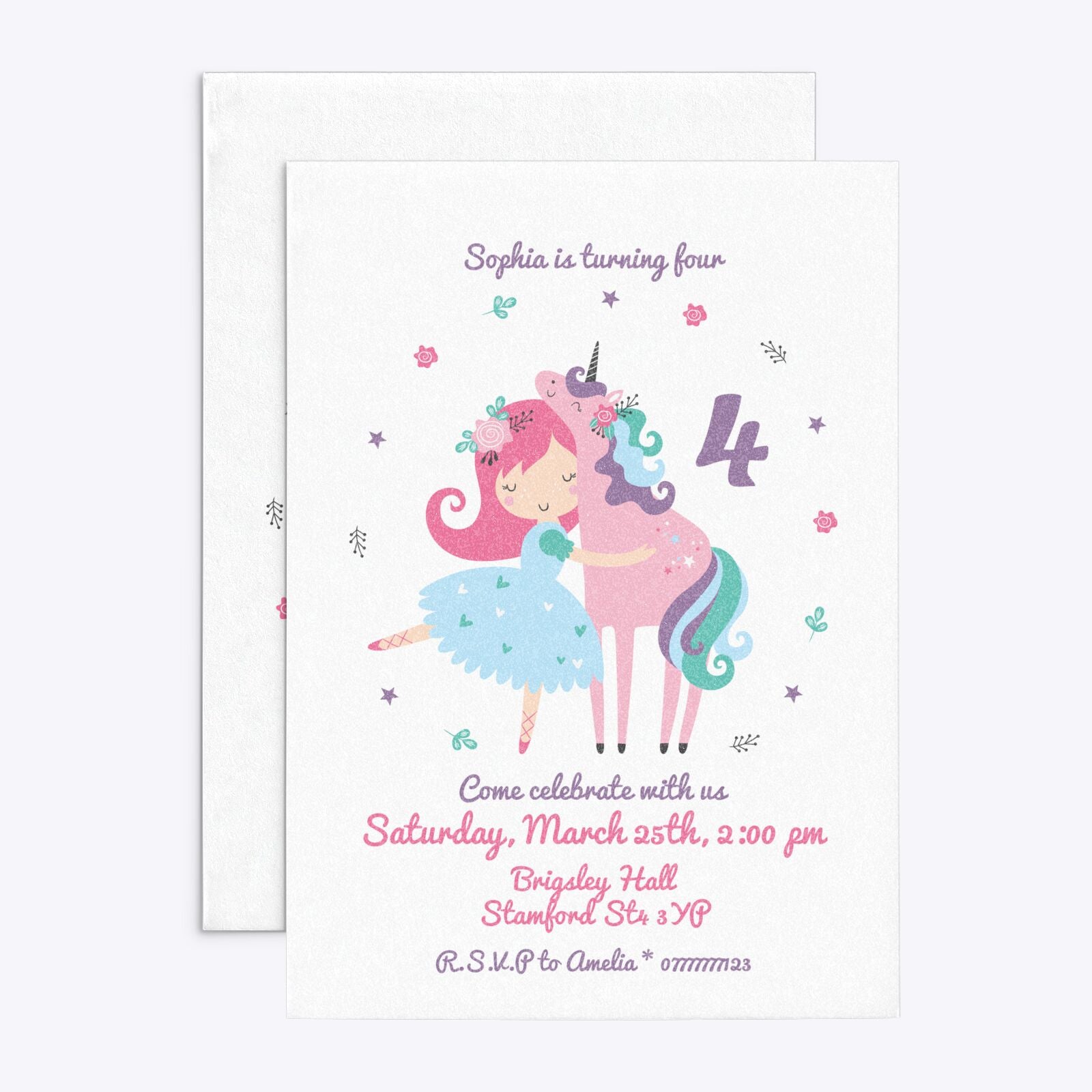 Personalised Unicorn Happy Birthday Rectangle Invitation Glitter Front and Back Image
