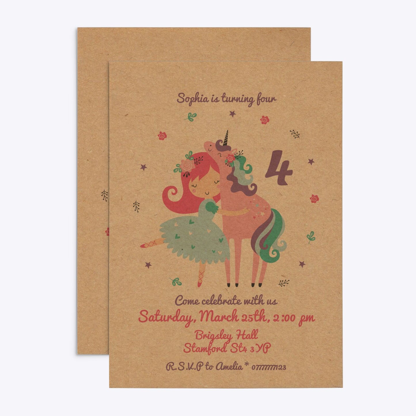 Personalised Unicorn Happy Birthday Rectangle Invitation Kraft Front and Back Image