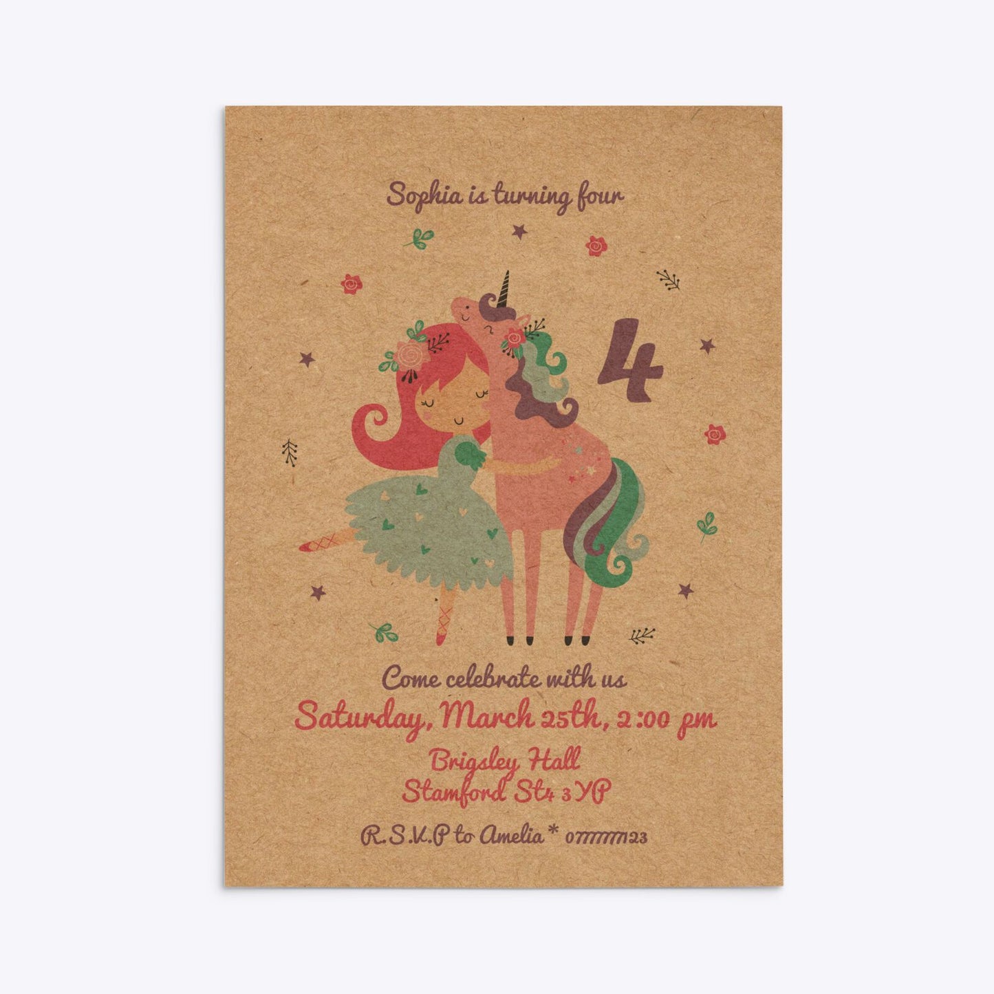 Personalised Unicorn Happy Birthday Rectangle Invitation Kraft