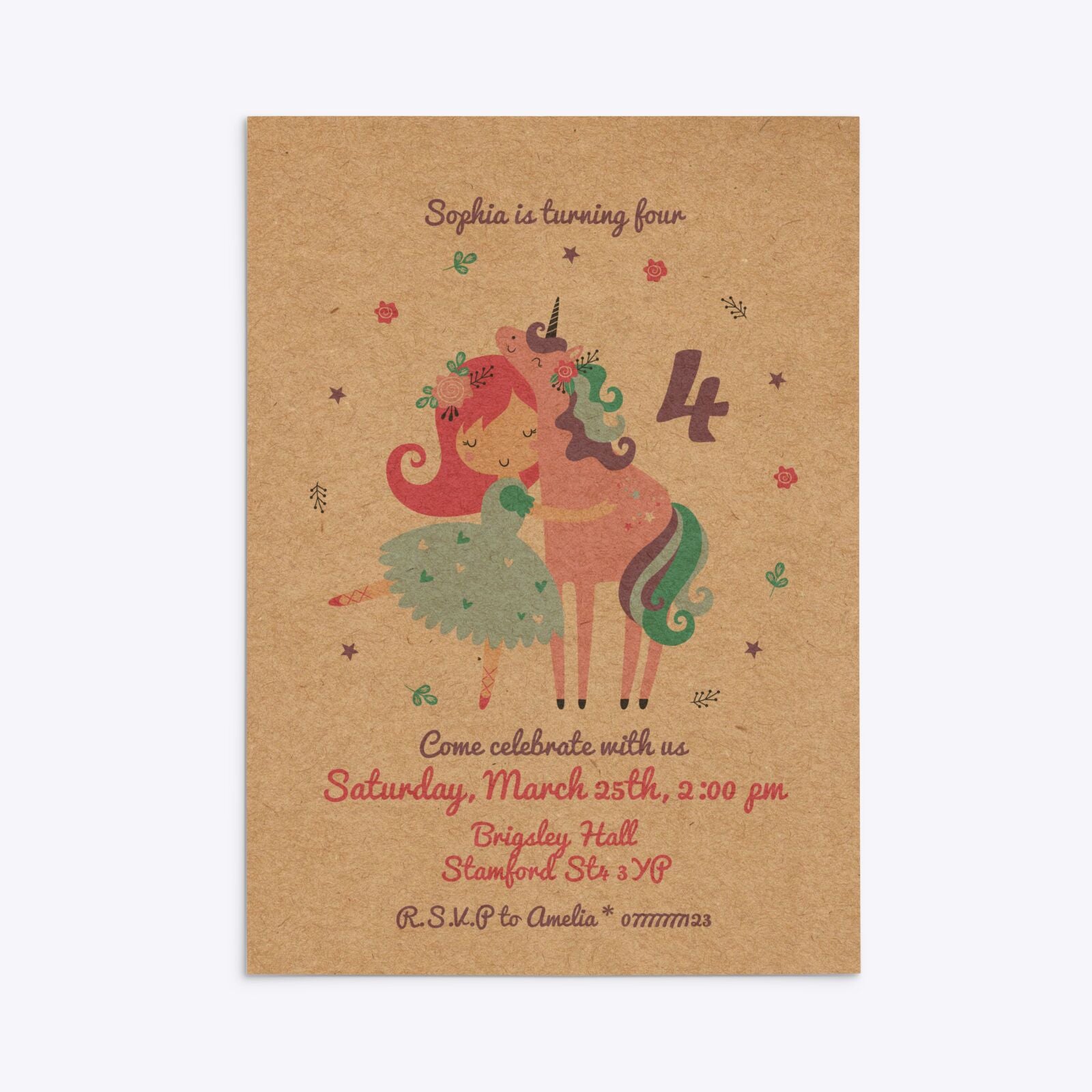 Personalised Unicorn Happy Birthday Rectangle Invitation Kraft