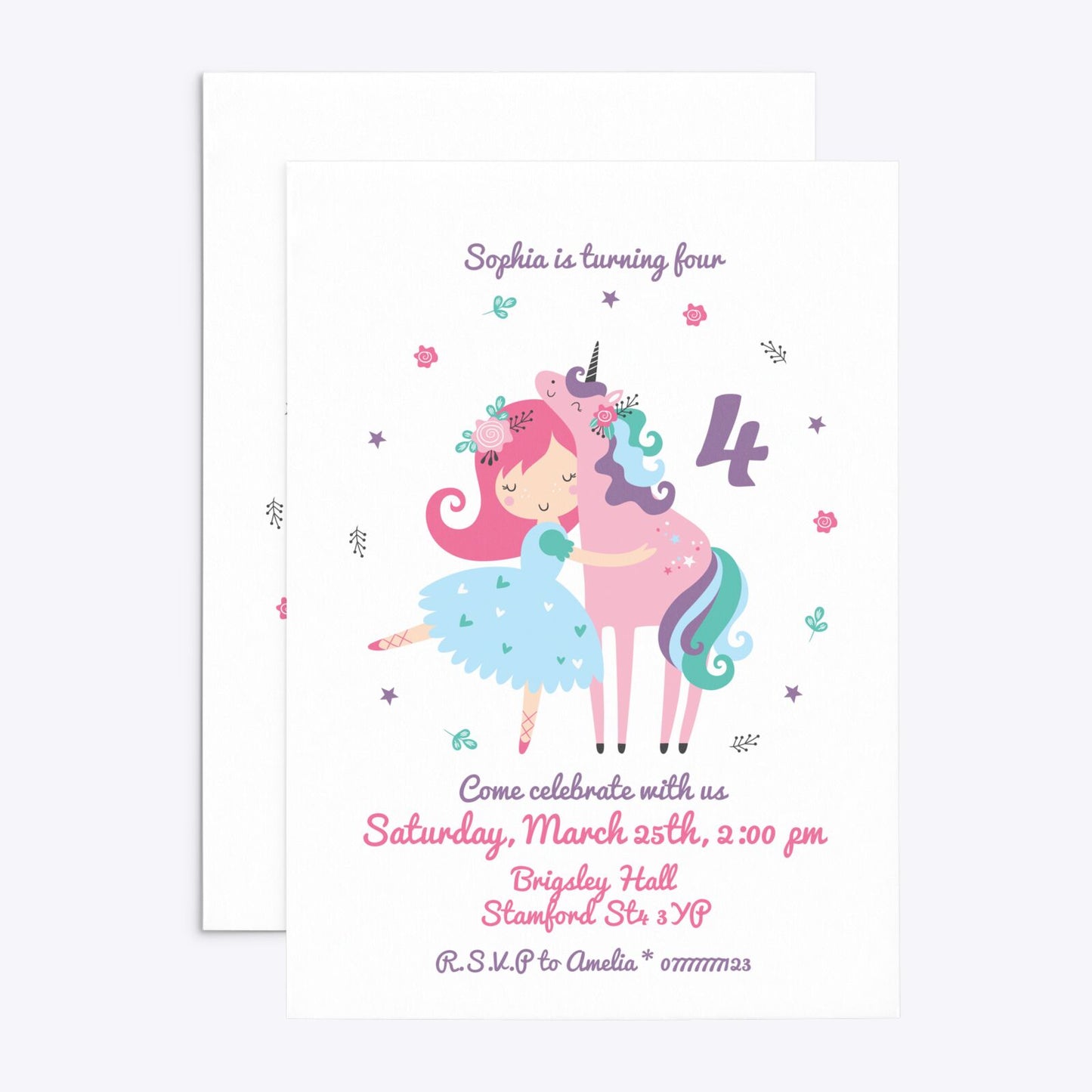 Personalised Unicorn Happy Birthday Rectangle Invitation Matte Paper Front and Back Image