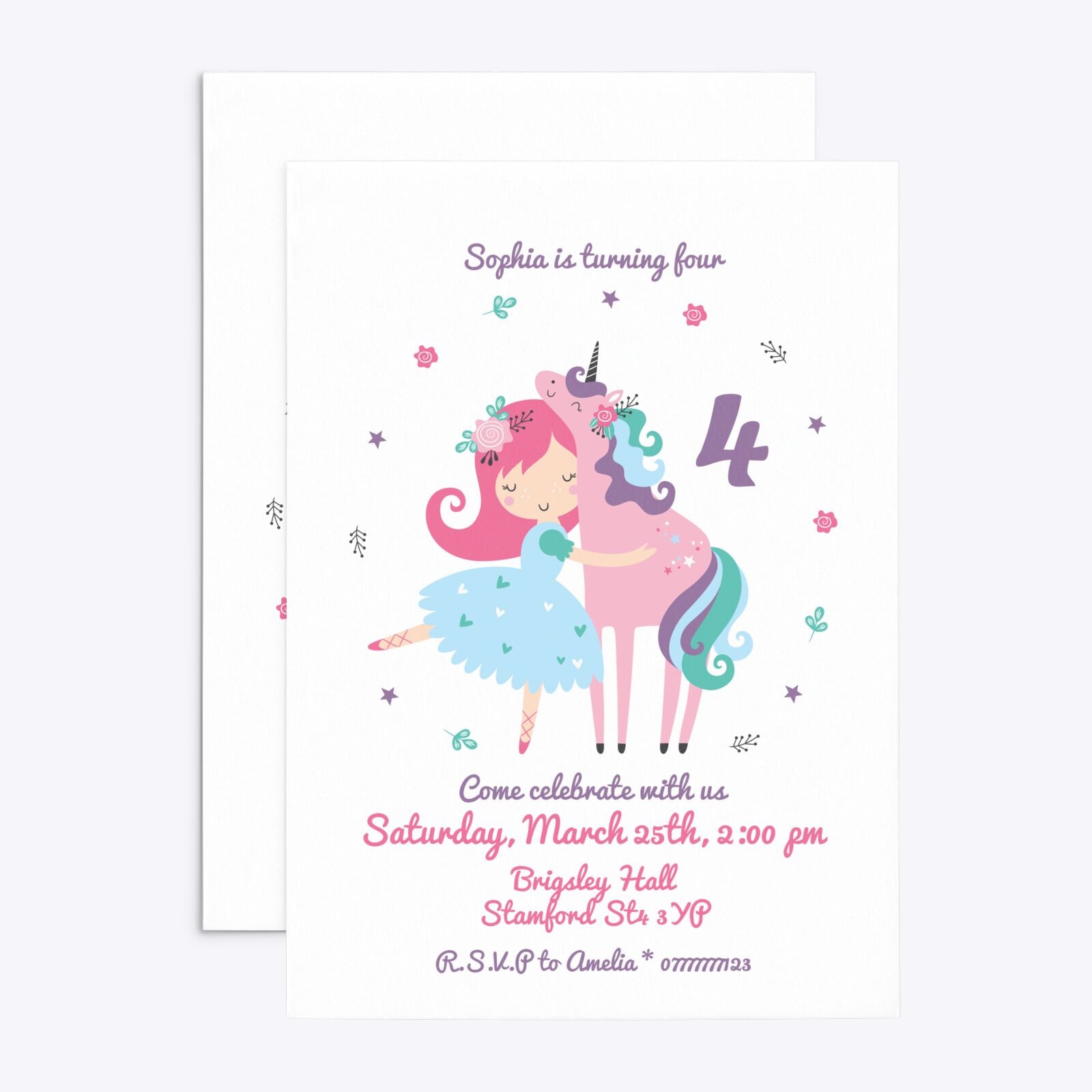 Personalised Unicorn Happy Birthday Rectangle Invitation Matte Paper Front and Back Image