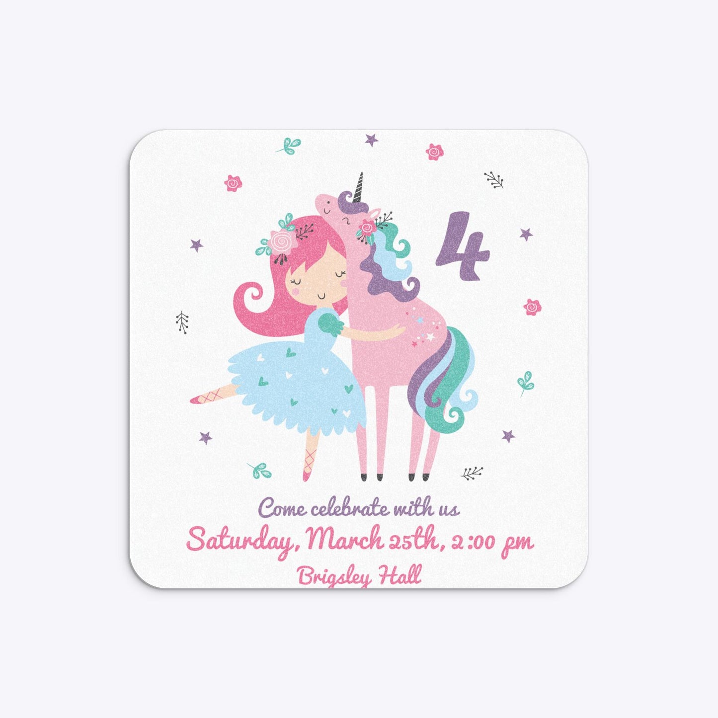 Personalised Unicorn Happy Birthday Rounded 5 25x5 25 Invitation Glitter
