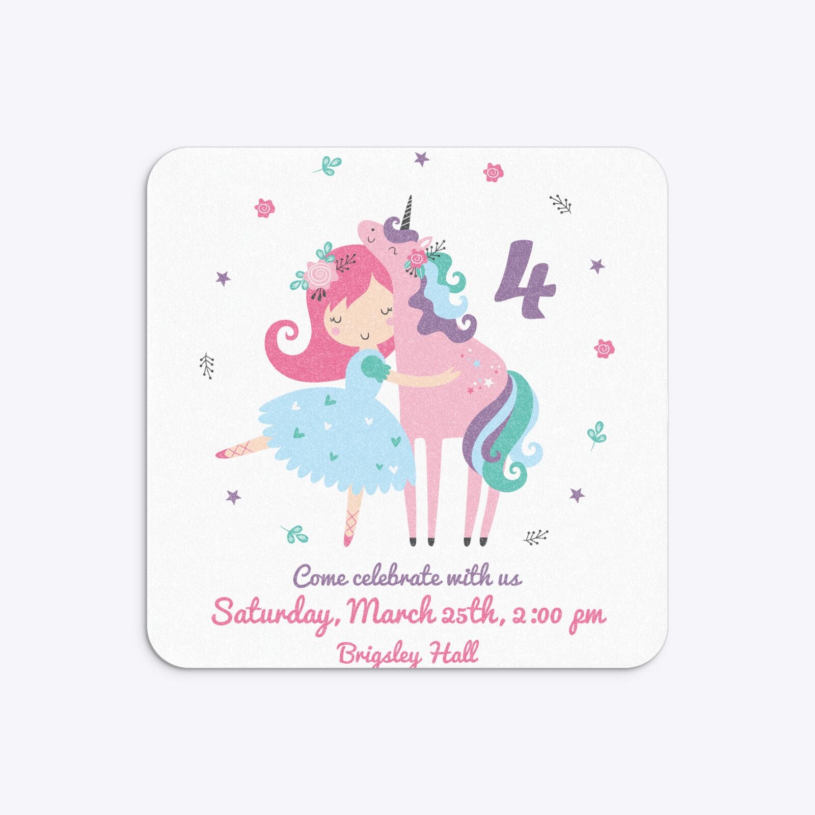 Personalised Unicorn Happy Birthday Rounded 5 25x5 25 Invitation Glitter