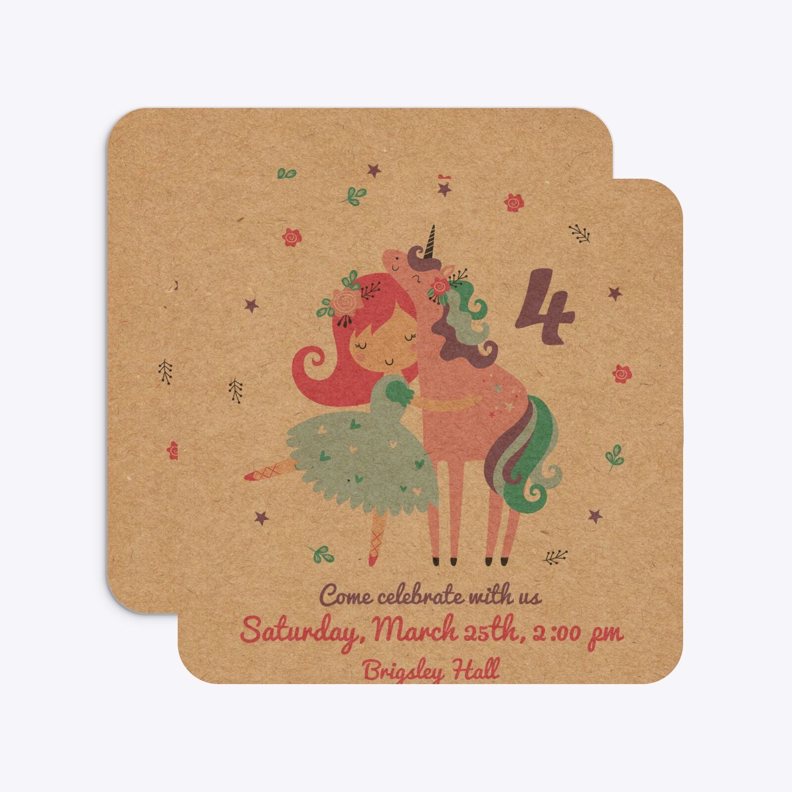 Personalised Unicorn Happy Birthday Rounded 5 25x5 25 Invitation Kraft Front and Back Image