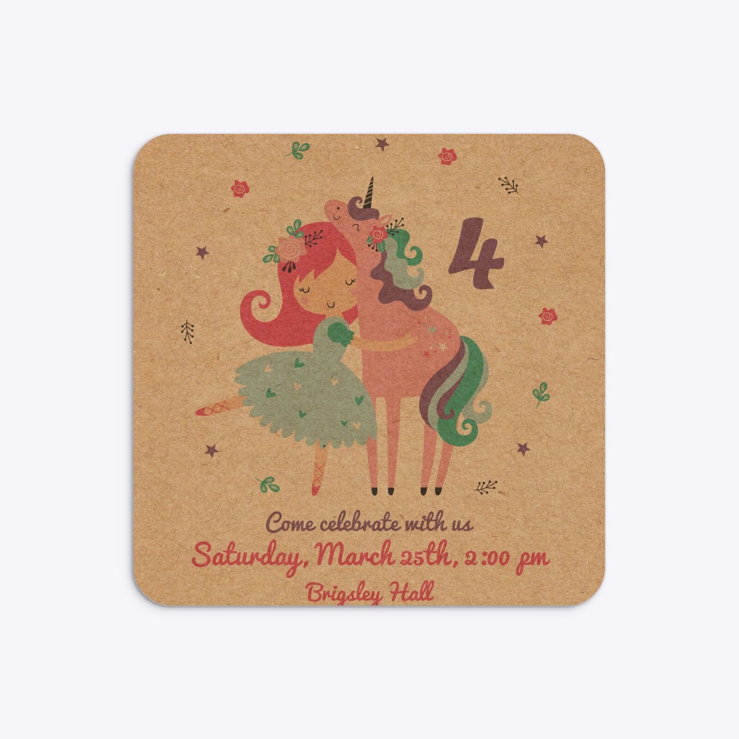 Personalised Unicorn Happy Birthday Rounded 5 25x5 25 Invitation Kraft