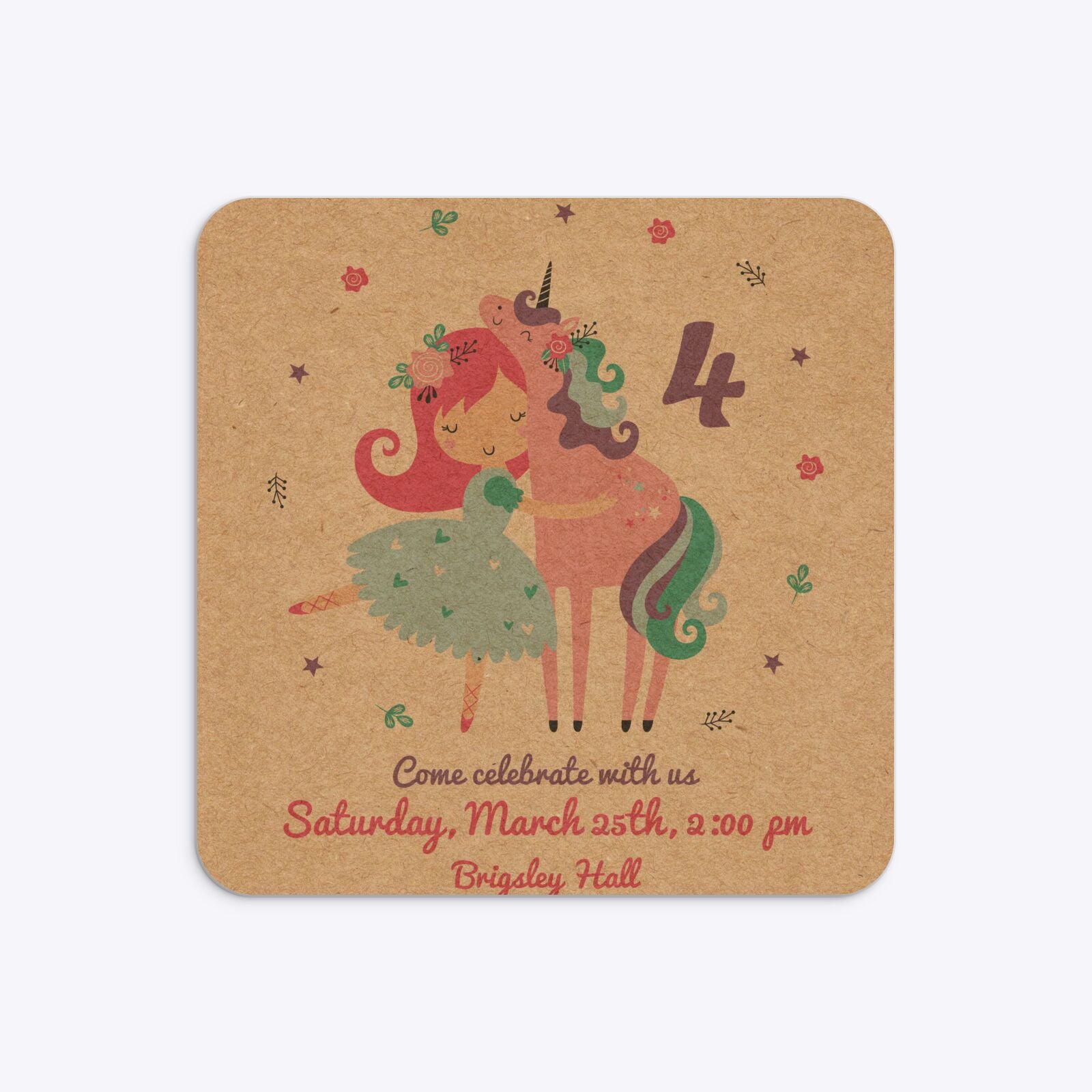 Personalised Unicorn Happy Birthday Rounded 5 25x5 25 Invitation Kraft