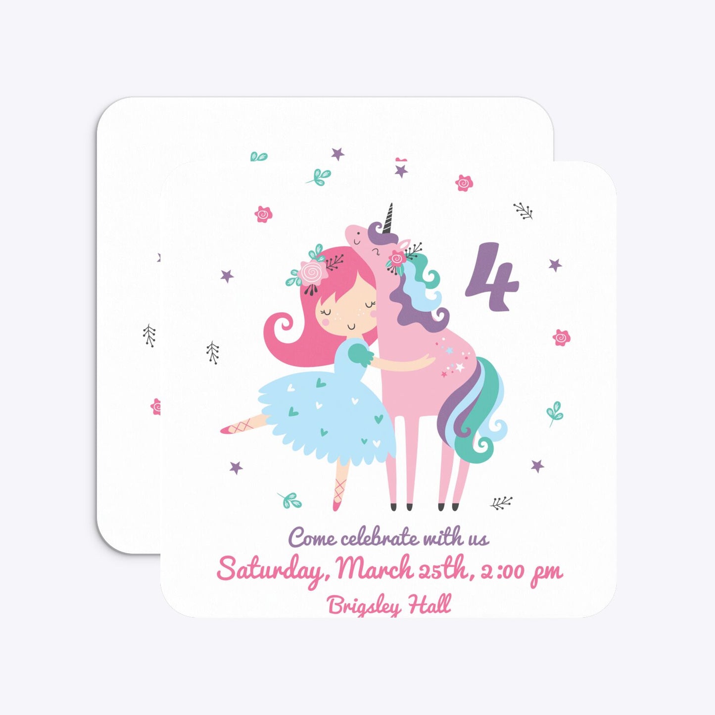 Personalised Unicorn Happy Birthday Rounded 5 25x5 25 Invitation Matte Paper Front and Back Image