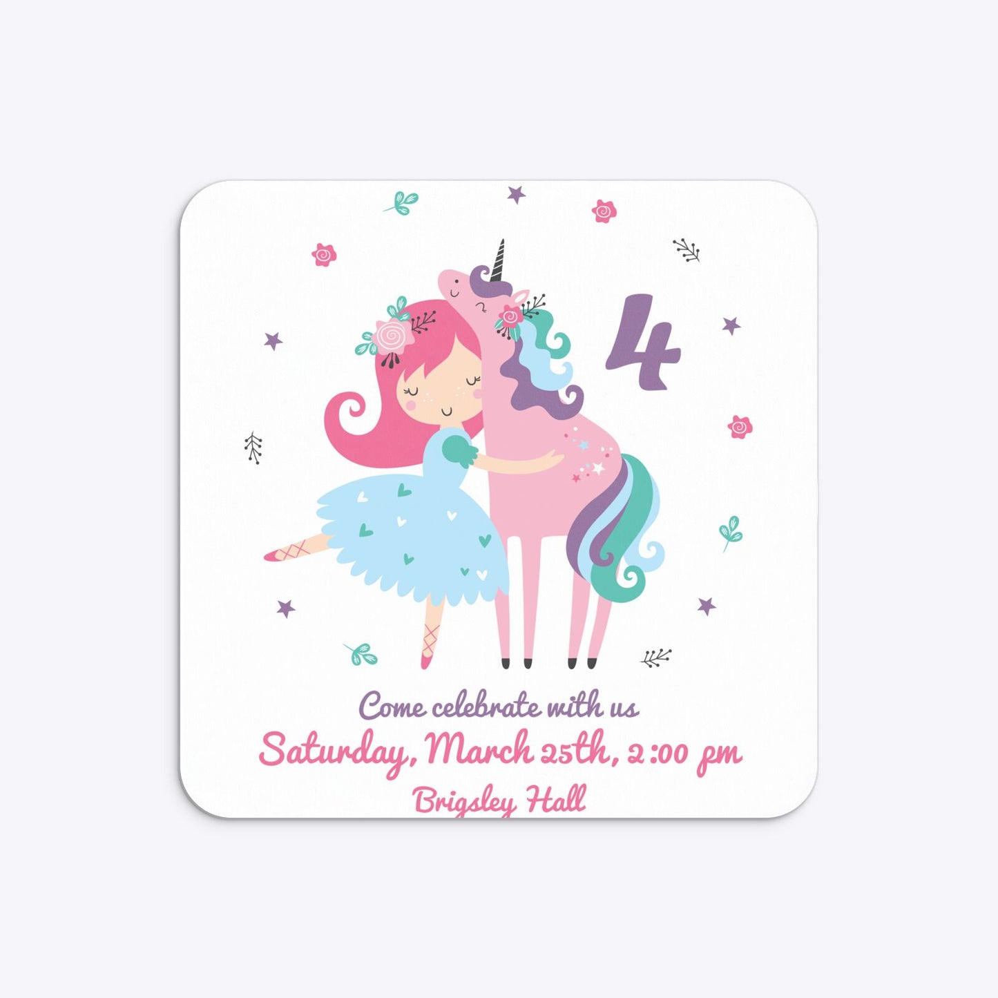 Personalised Unicorn Happy Birthday Rounded 5 25x5 25 Invitation Matte Paper