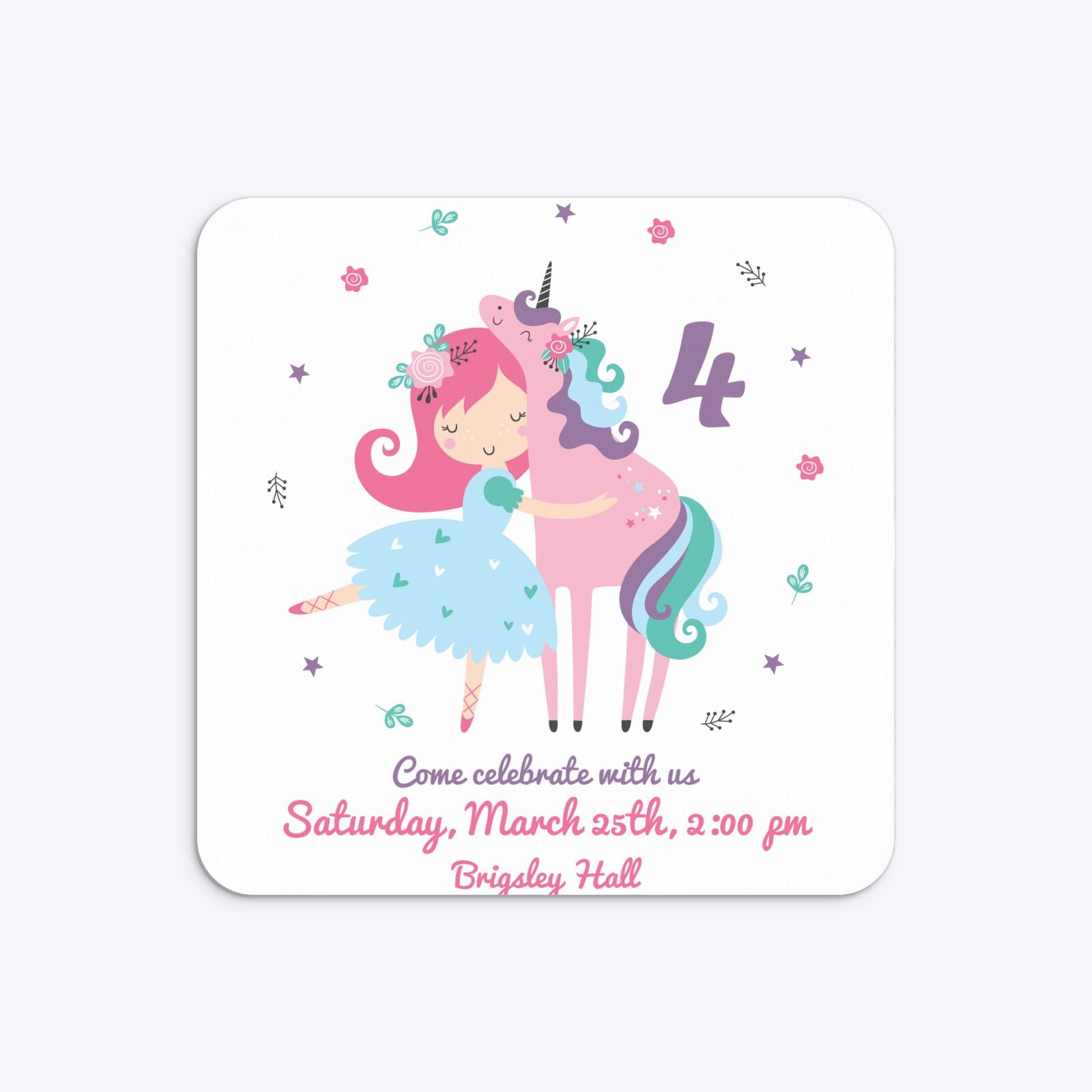 Personalised Unicorn Happy Birthday Rounded 5 25x5 25 Invitation Matte Paper