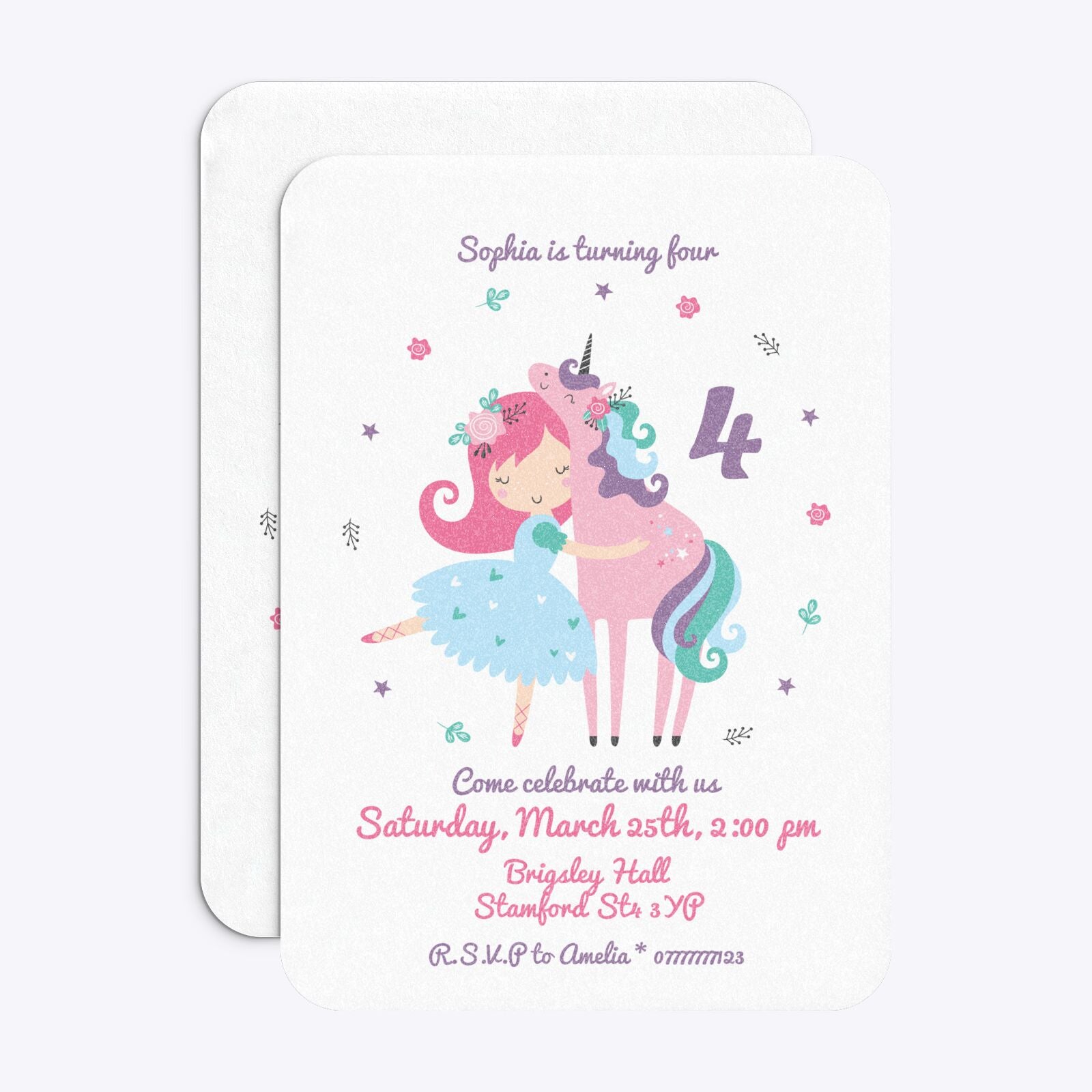Personalised Unicorn Happy Birthday Rounded Invitation Glitter Front and Back Image