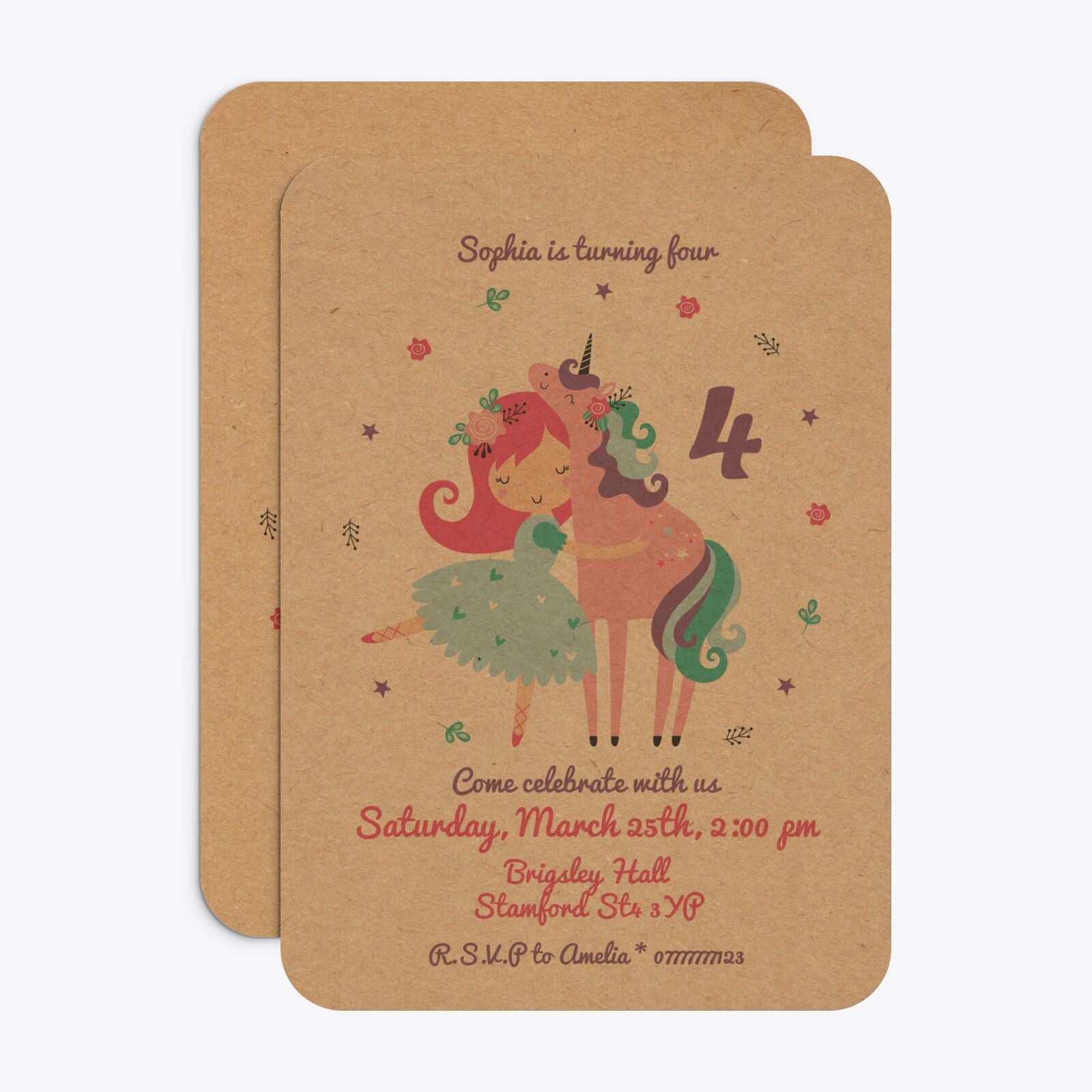 Personalised Unicorn Happy Birthday Rounded Invitation Kraft Front and Back Image